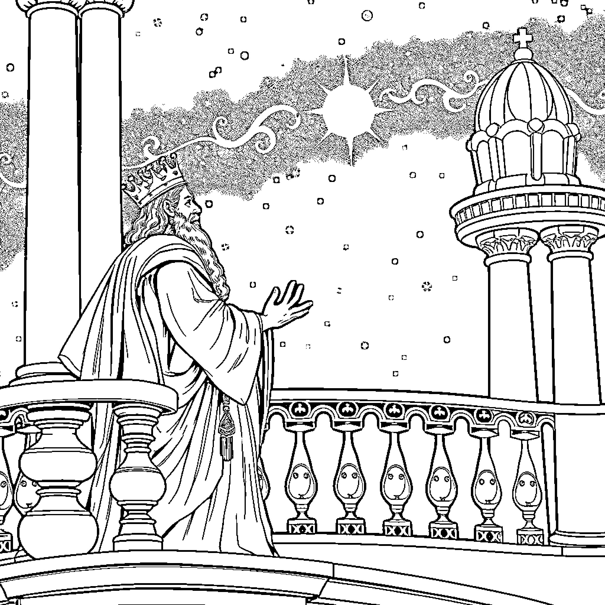 King Solomon's Reflection on the Heavens Coloring Page (free black-and-white line drawing printable PDF for all, from beginners to advanced learners, including children, teens, adults, and seniors)