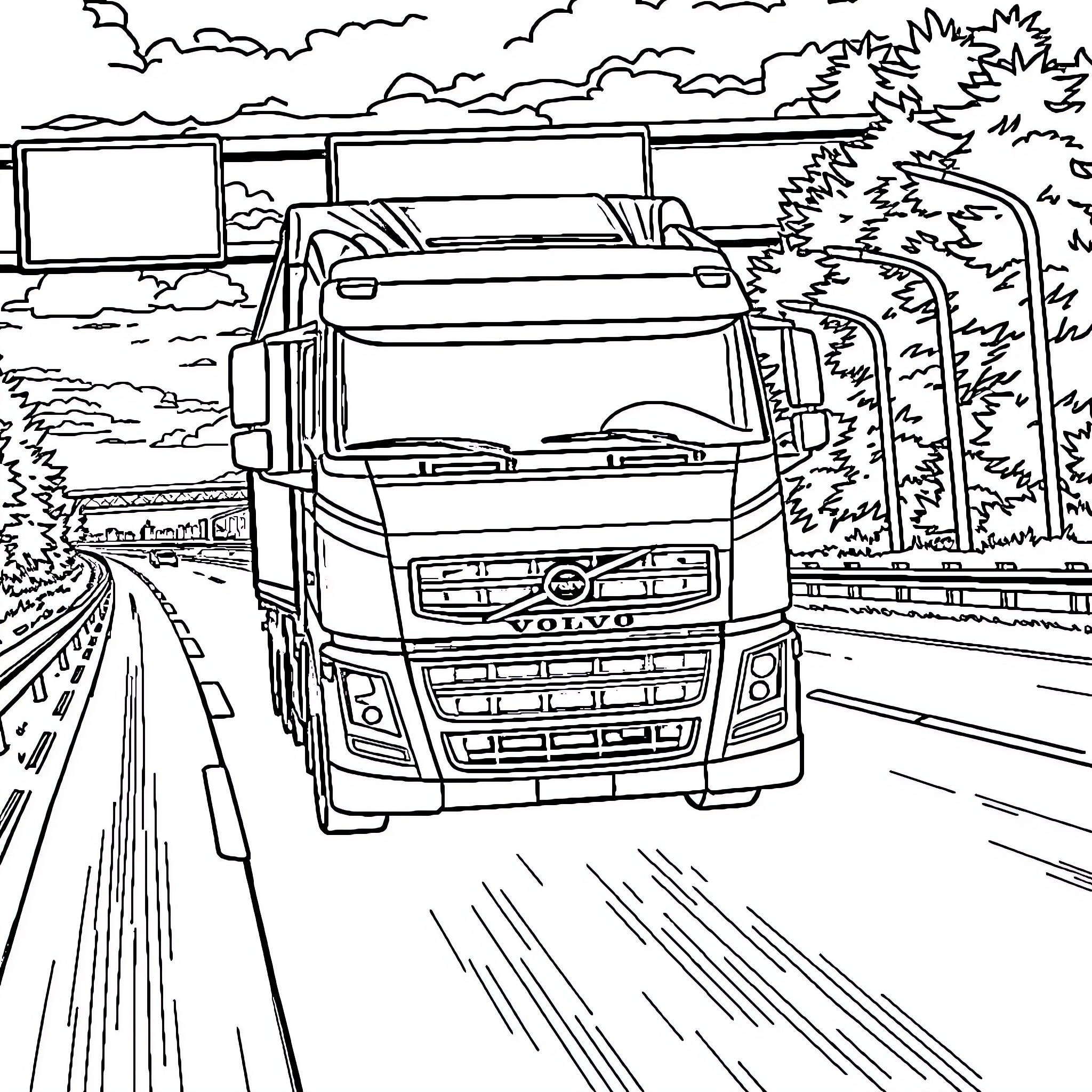 Volvo truck speeding down the highway Coloring Page (free black-and-white line drawing printable PDF for all, from beginners to advanced learners, including children, teens, adults, and seniors)