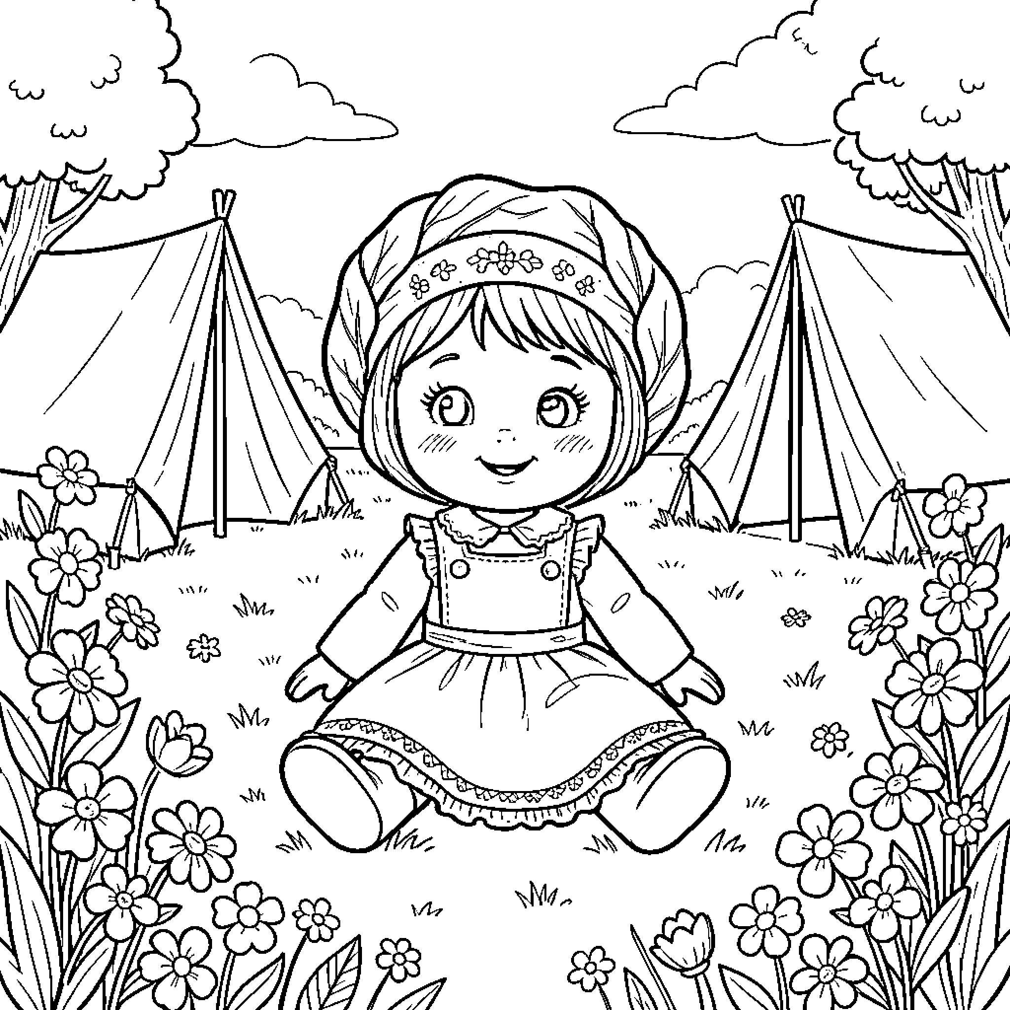 Cabbage Patch Doll sitting in a flowery meadow Coloring Page (free black-and-white line drawing printable PDF for all, from beginners to advanced learners, including children, teens, adults, and seniors)