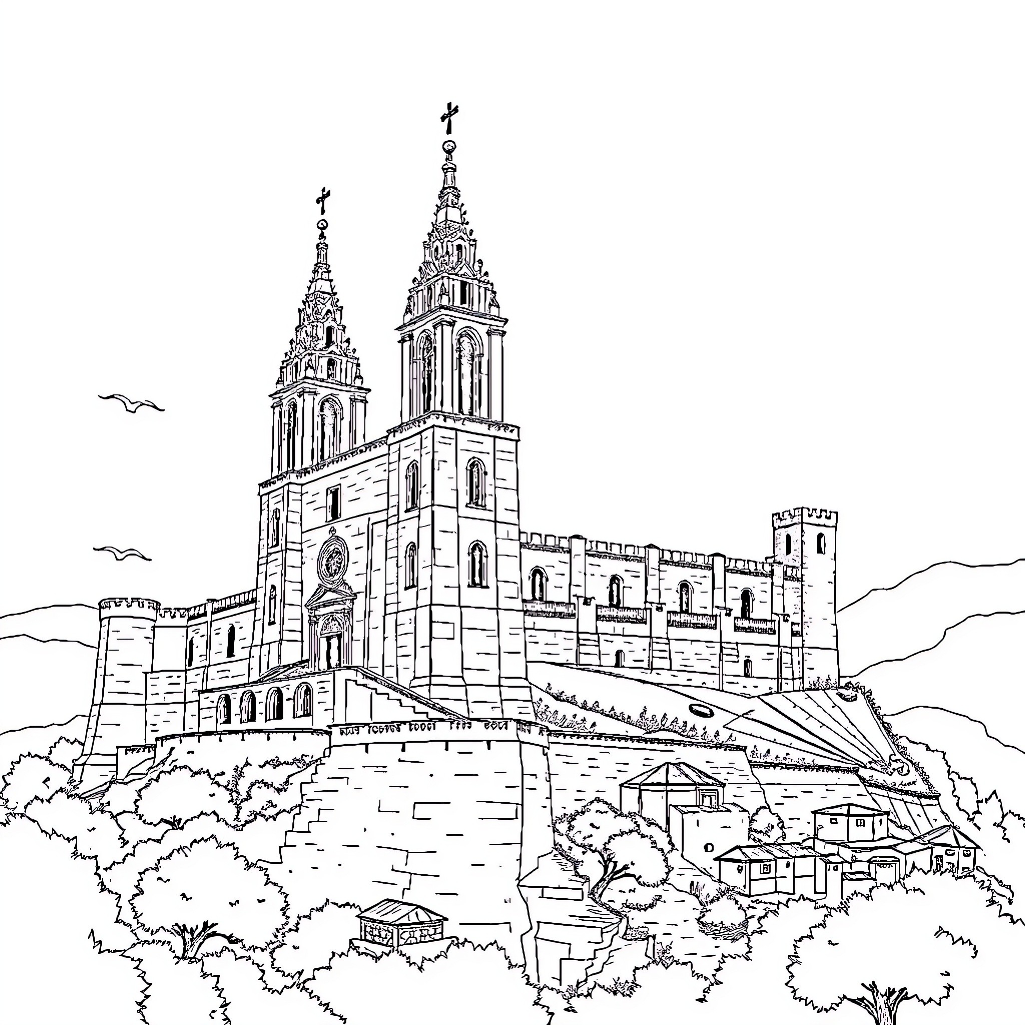Castle on a Hill with Ornate Towers and Architecture Coloring Page (free black-and-white line drawing printable PDF for all, from beginners to advanced learners, including children, teens, adults, and seniors)