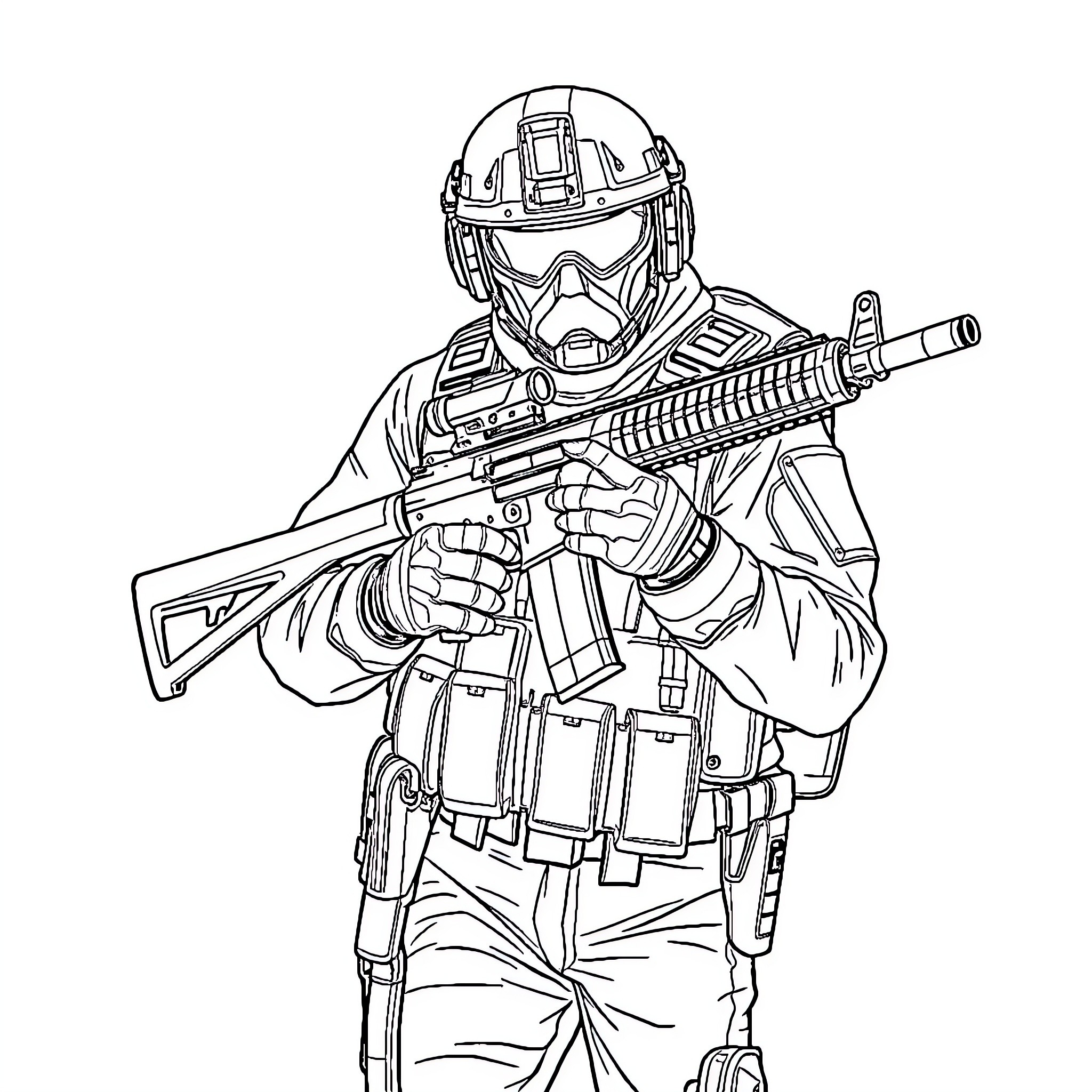 Hk416 military personnel in tactical gear Coloring Page (free black-and-white line drawing printable PDF for all, from beginners to advanced learners, including children, teens, adults, and seniors)