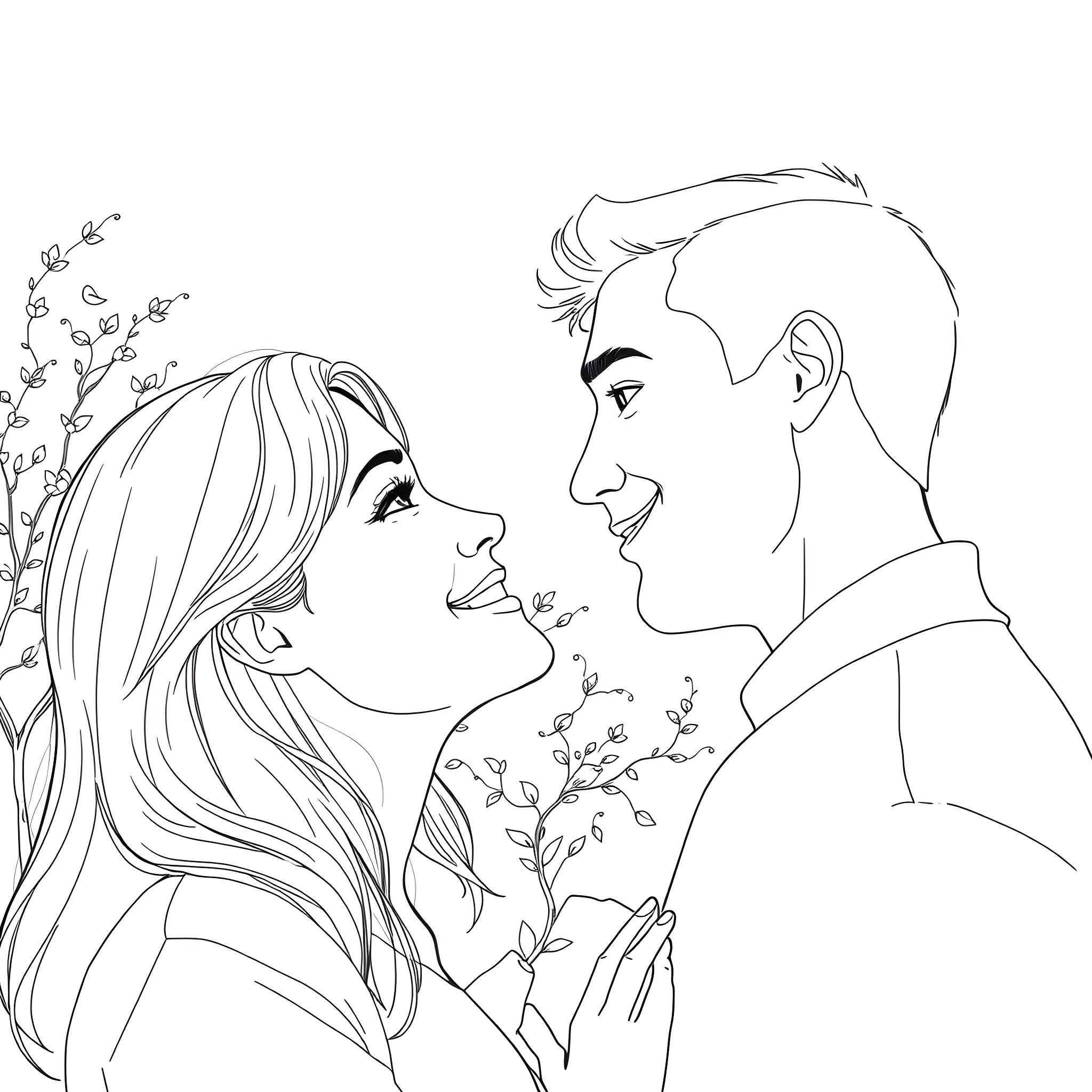 Woman embracing her companion lovingly Coloring Page (free black-and-white line drawing printable PDF for all, from beginners to advanced learners, including children, teens, adults, and seniors)