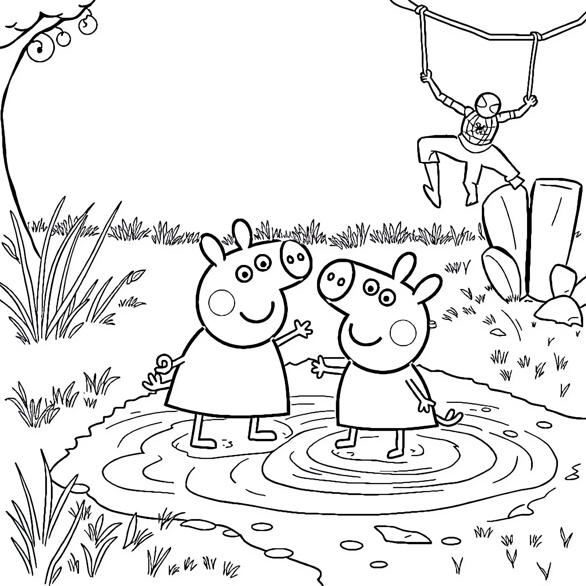 Peppa Pig and friends enjoying outdoor adventure Coloring Page (free black-and-white line drawing printable PDF for all, from beginners to advanced learners, including children, teens, adults, and seniors)