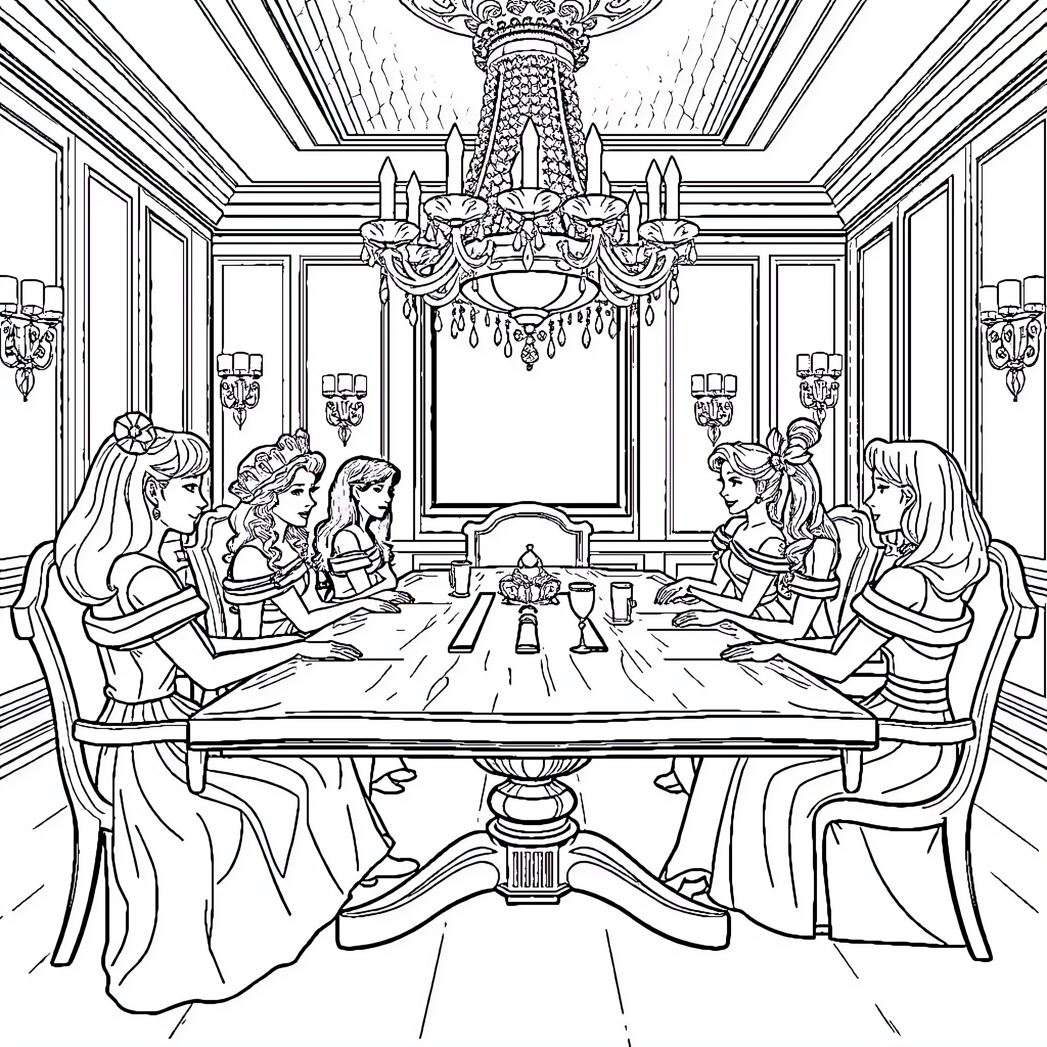 Princess and Friends Dining in Royal Hall Coloring Page (free black-and-white line drawing printable PDF for all, from beginners to advanced learners, including children, teens, adults, and seniors)
