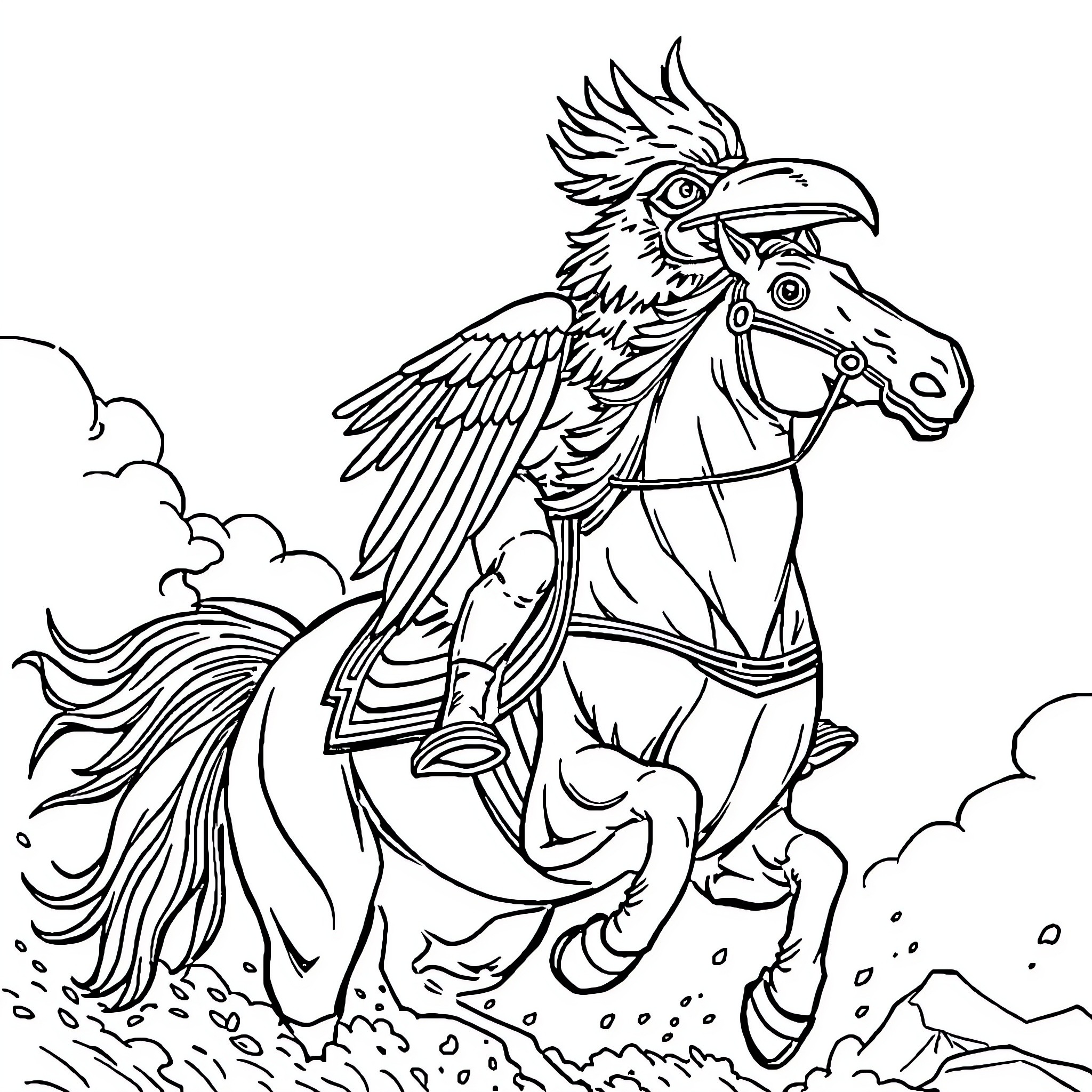 Bird riding majestic horse through the clouds Coloring Page (free black-and-white line drawing printable PDF for all, from beginners to advanced learners, including children, teens, adults, and seniors)