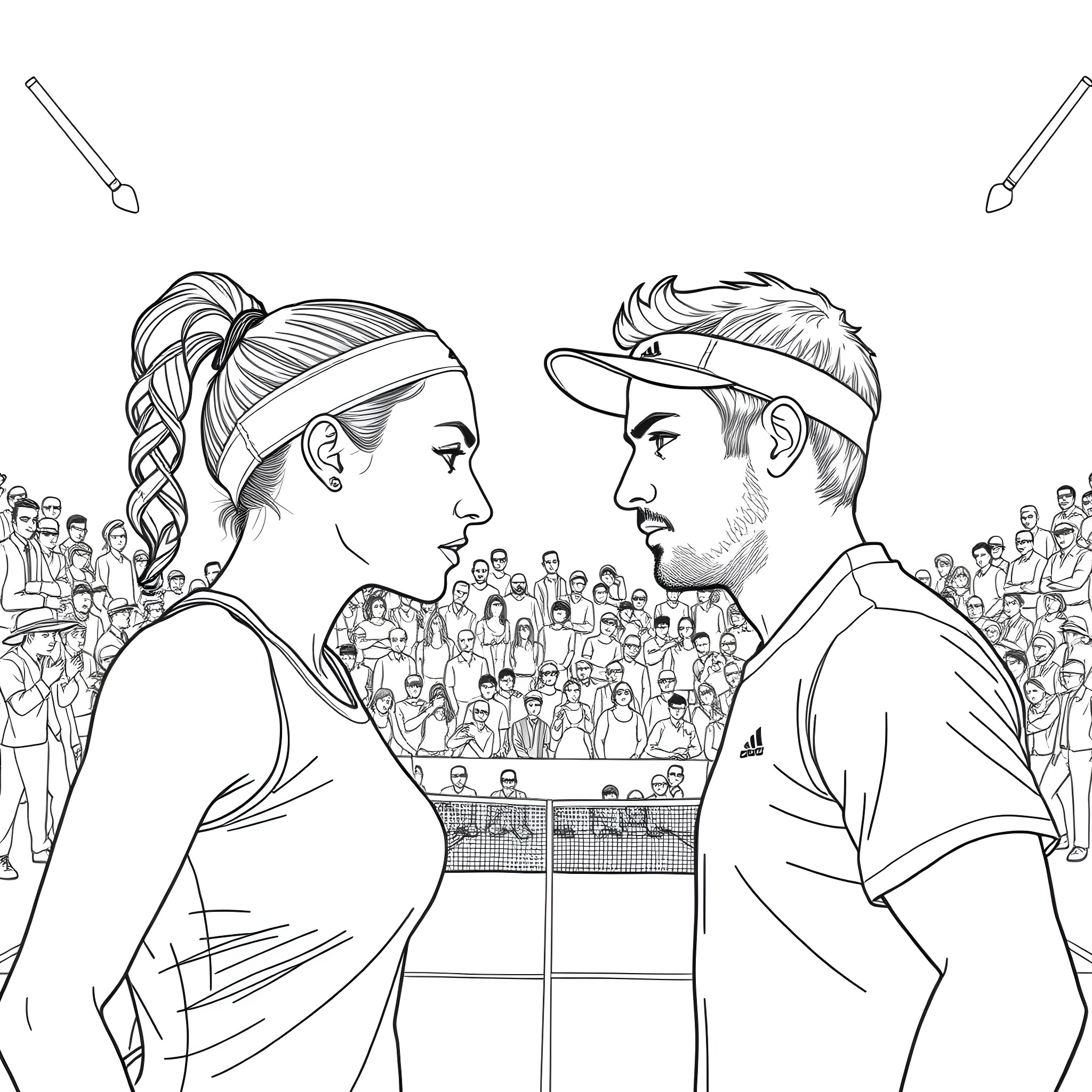 Tennis players facing off on court with crowd Coloring Page (free black-and-white line drawing printable PDF for all, from beginners to advanced learners, including children, teens, adults, and seniors)