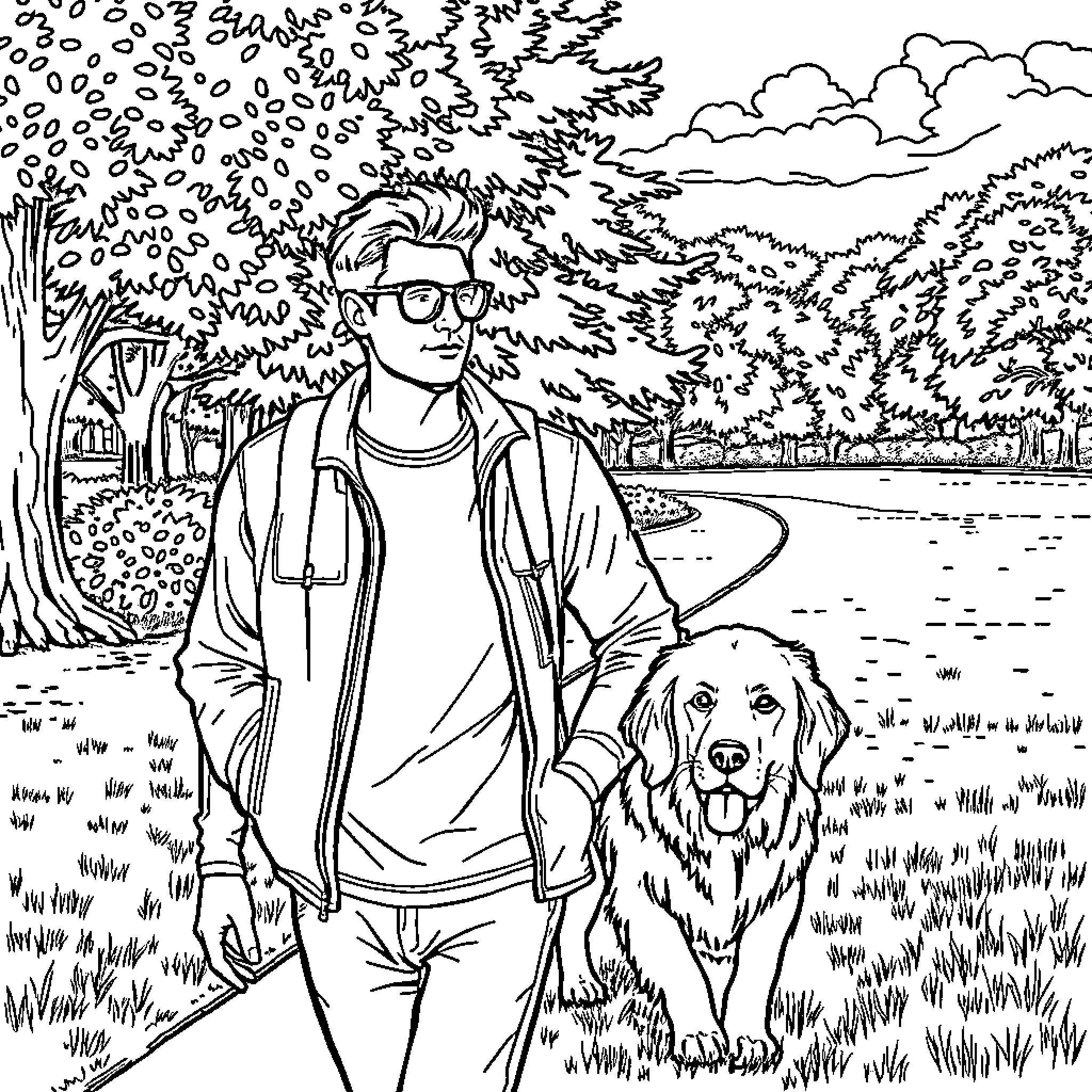 Man walking his loyal dog in nature Coloring Page (free black-and-white line drawing printable PDF for all, from beginners to advanced learners, including children, teens, adults, and seniors)