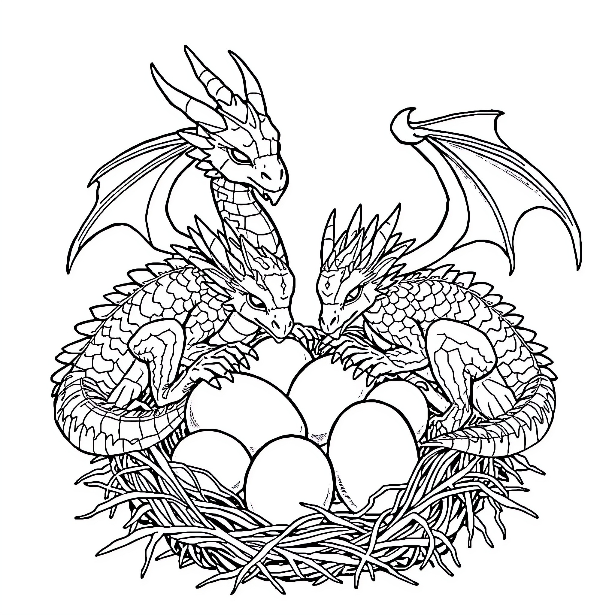 Dragon duo guarding precious dragon eggs in a nest Coloring Page (free black-and-white line drawing printable PDF for all, from beginners to advanced learners, including children, teens, adults, and seniors)