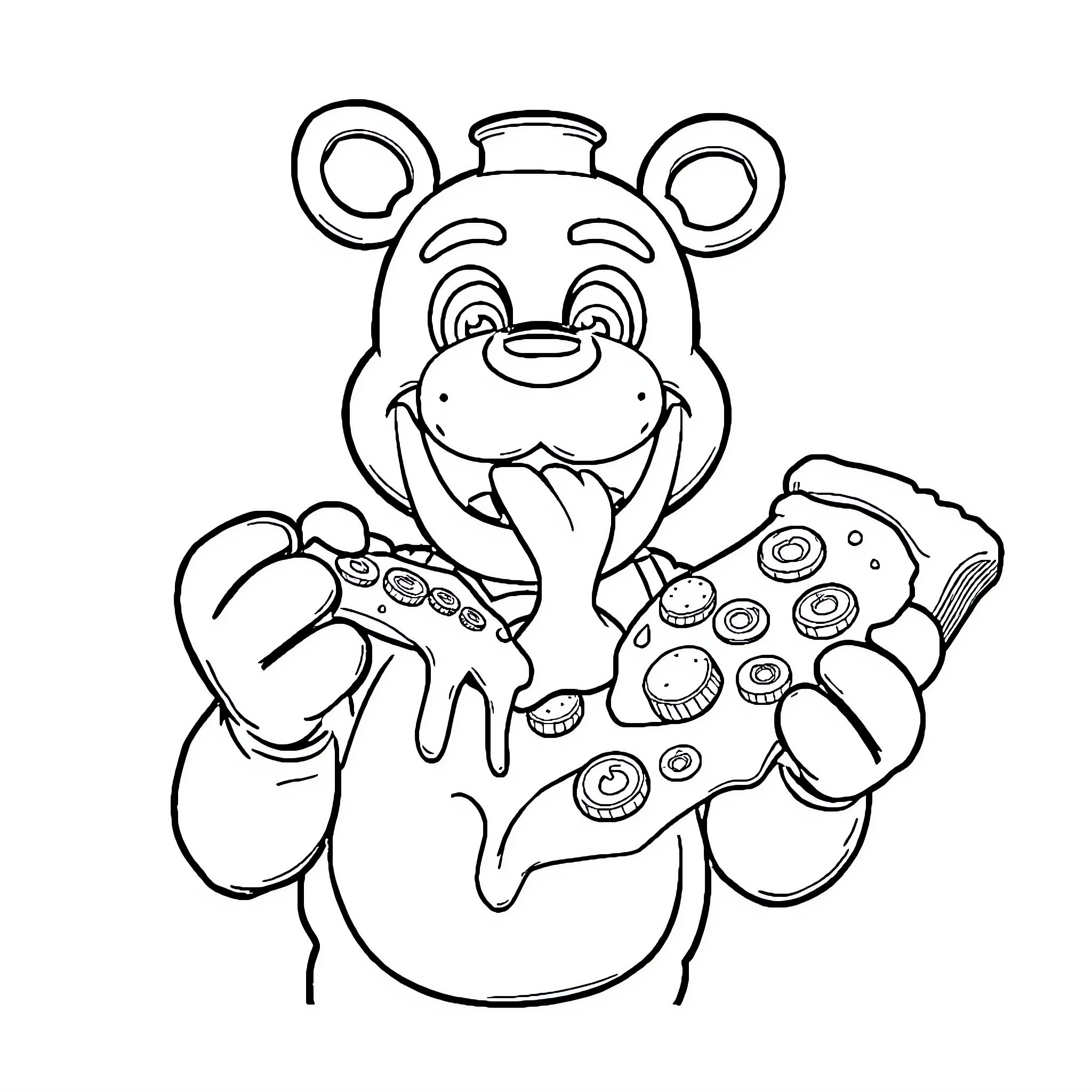 Freddy playing with video game controllers Coloring Page (free black-and-white line drawing printable PDF for all, from beginners to advanced learners, including children, teens, adults, and seniors)