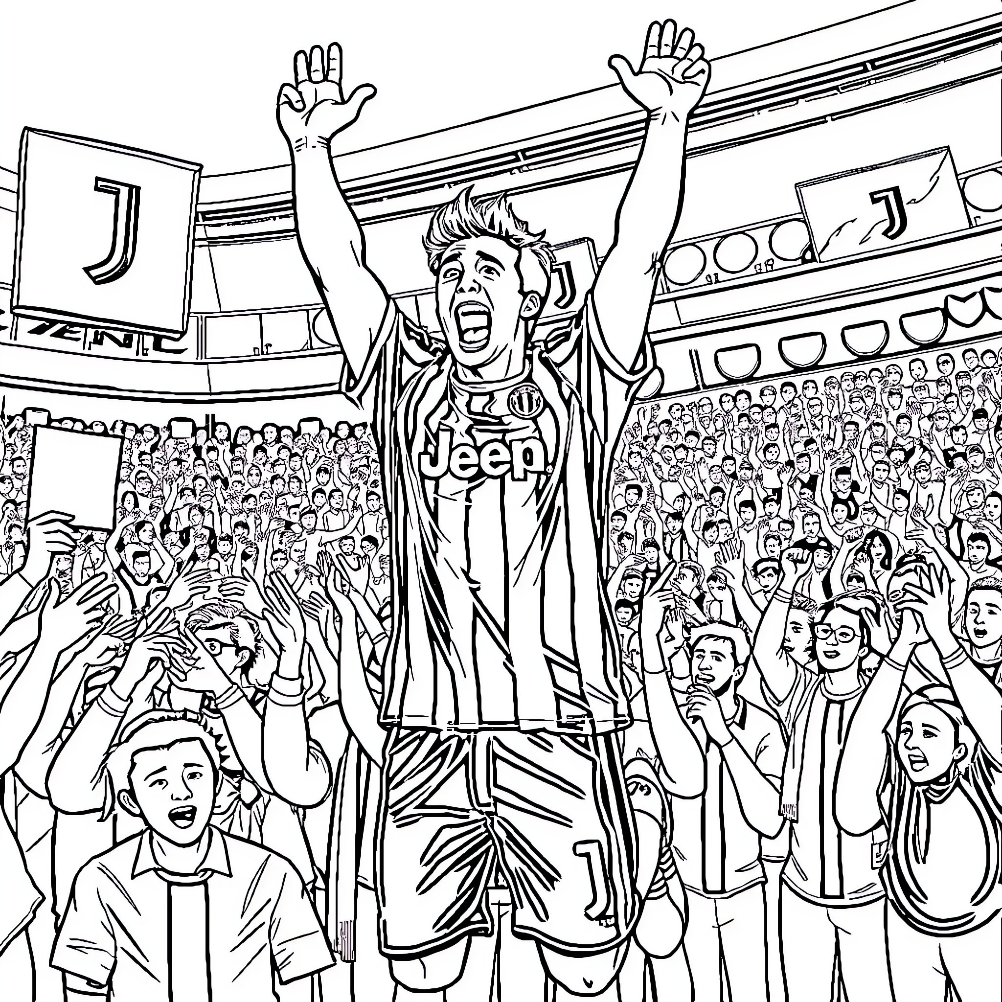 Juventus player celebrating victory with fans Coloring Page (free black-and-white line drawing printable PDF for all, from beginners to advanced learners, including children, teens, adults, and seniors)