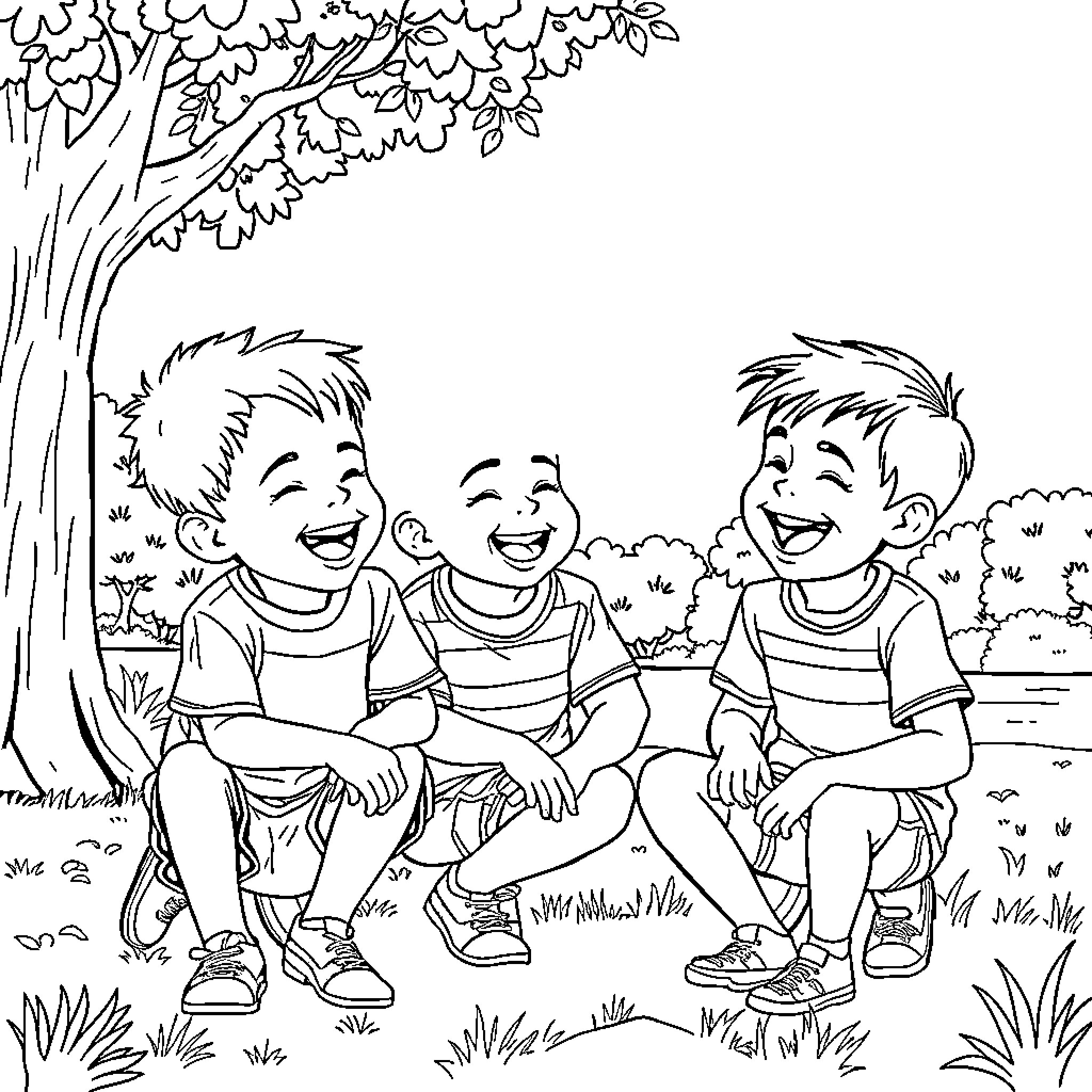 Saja Boy Laughing and Playing with Friends Outdoors Coloring Page (free black-and-white line drawing printable PDF for all, from beginners to advanced learners, including children, teens, adults, and seniors)
