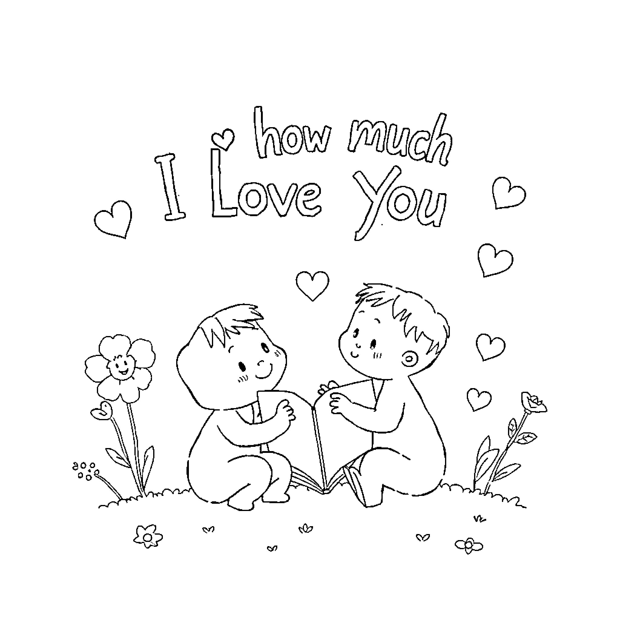 Book of Loving Hearts and Flowers Coloring Page (free black-and-white line drawing printable PDF for all, from beginners to advanced learners, including children, teens, adults, and seniors)