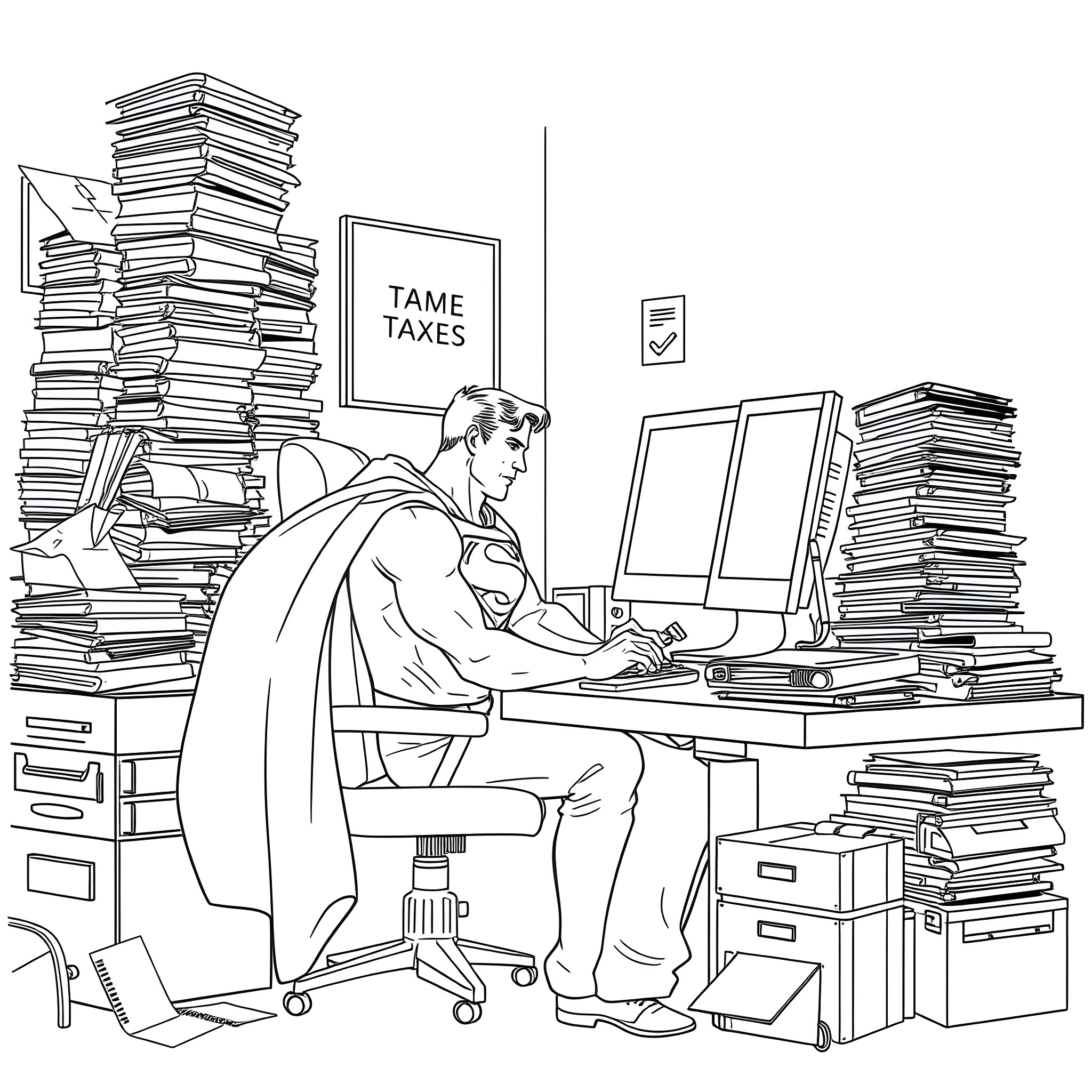 Superman hard at work on taxes in his office Coloring Page (free black-and-white line drawing printable PDF for all, from beginners to advanced learners, including children, teens, adults, and seniors)