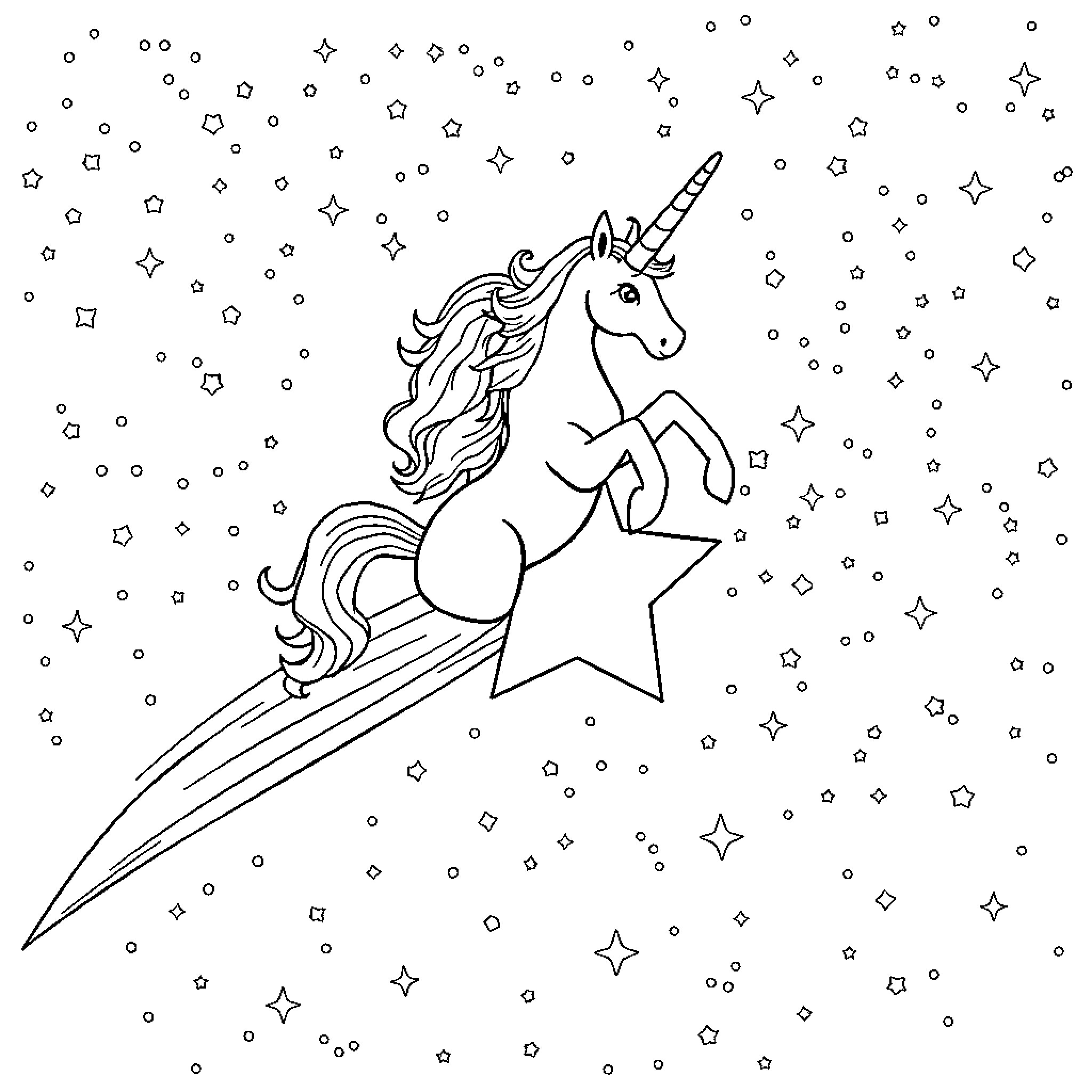 Unicorn riding a shooting star through a starry sky Coloring Page (free black-and-white line drawing printable PDF for all, from beginners to advanced learners, including children, teens, adults, and seniors)