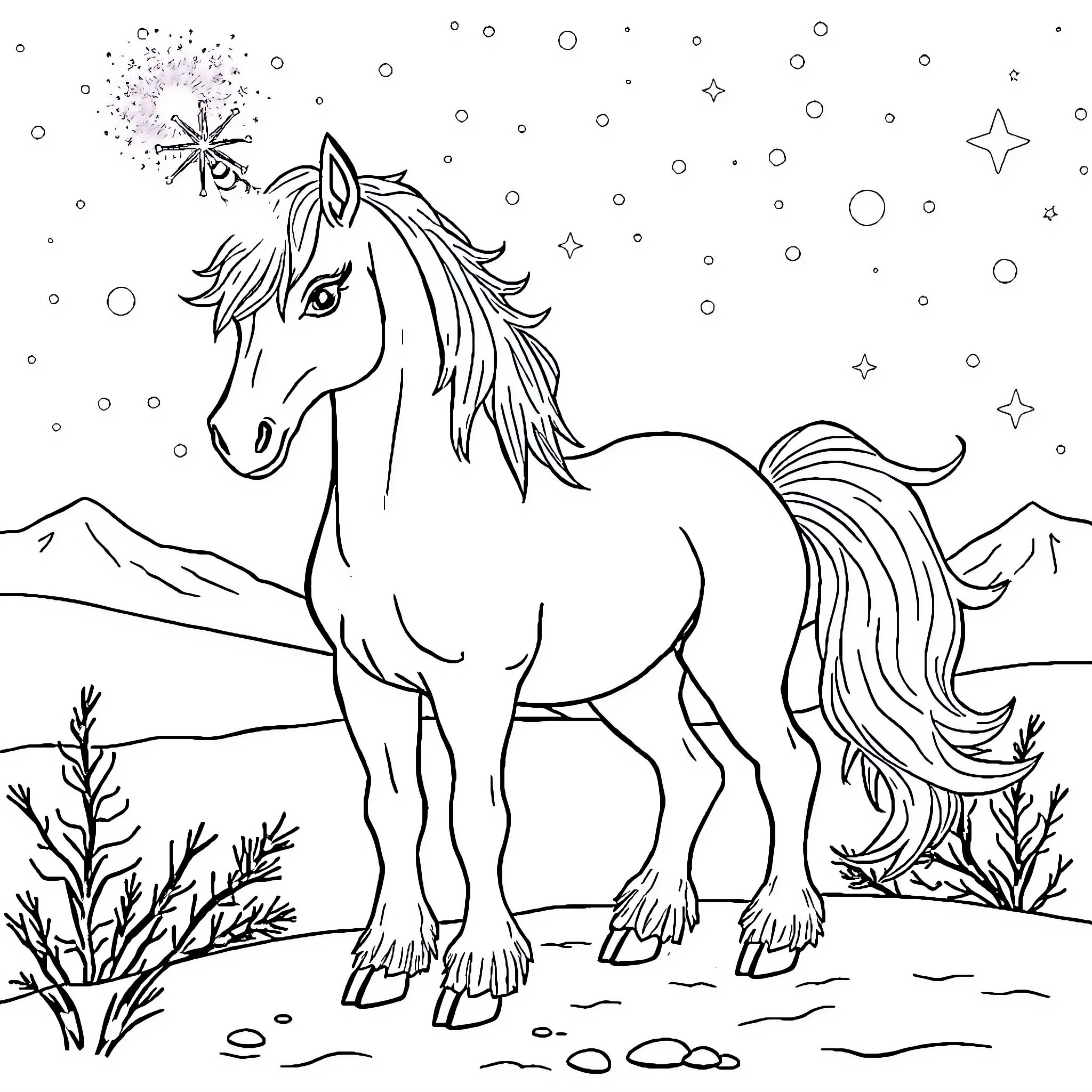 Unicorn Gazing at Starry Night Sky Coloring Page (free black-and-white line drawing printable PDF for all, from beginners to advanced learners, including children, teens, adults, and seniors)