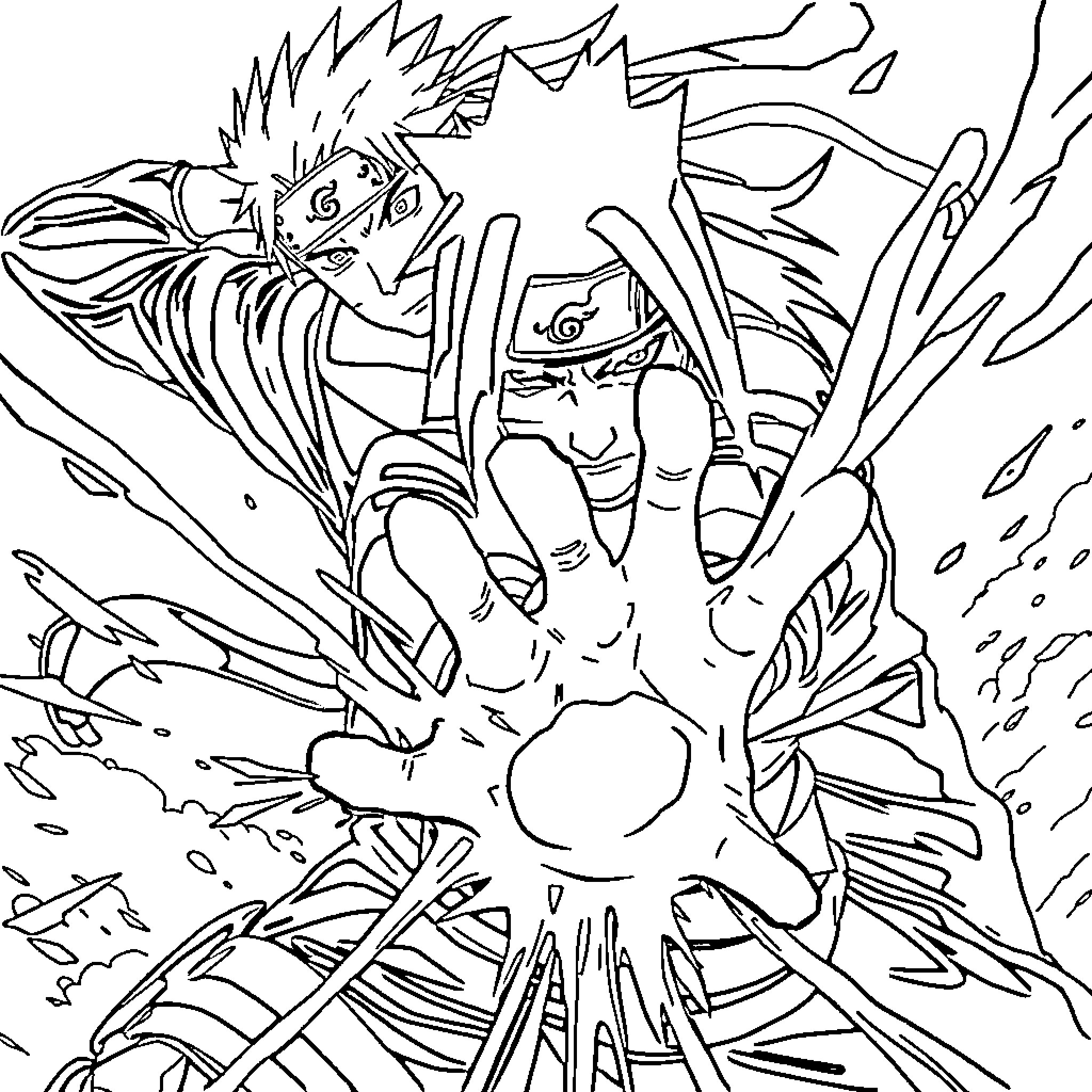 Itachi in fierce battle with explosive power Coloring Page (free black-and-white line drawing printable PDF for all, from beginners to advanced learners, including children, teens, adults, and seniors)