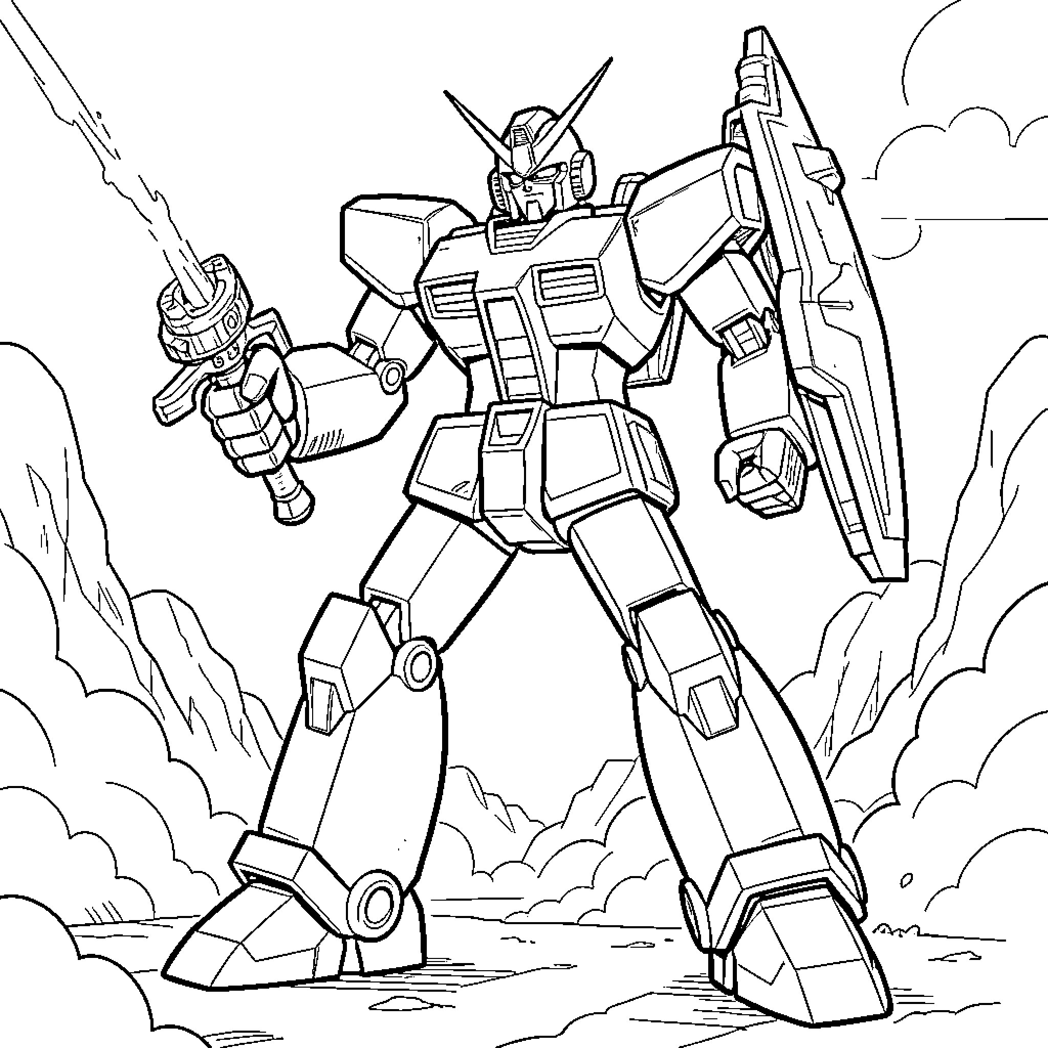 Goldorak standing heroically with a sword and shield Coloring Page (free black-and-white line drawing printable PDF for all, from beginners to advanced learners, including children, teens, adults, and seniors)