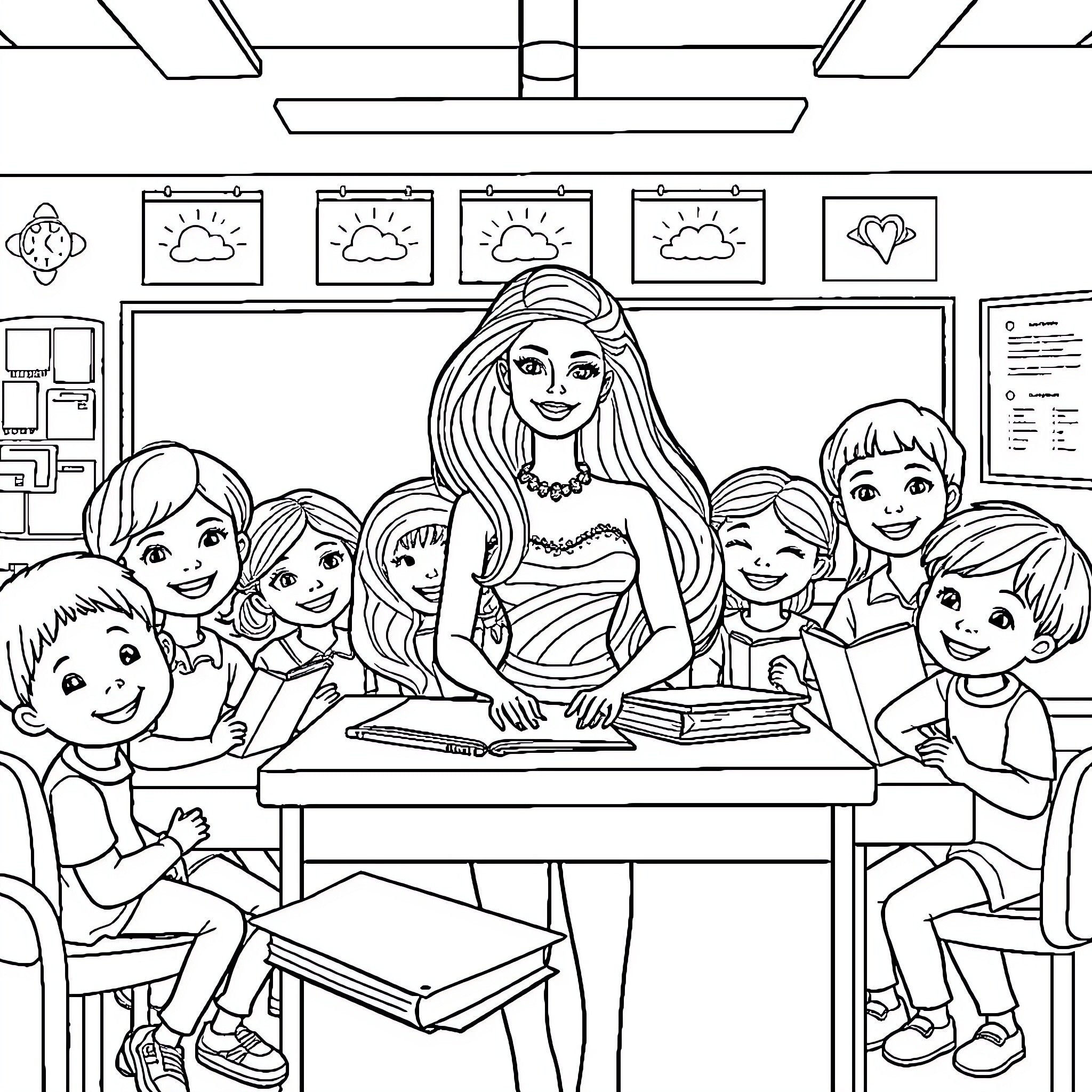 Barbie teaching a group of children in the classroom Coloring Page (free black-and-white line drawing printable PDF for all, from beginners to advanced learners, including children, teens, adults, and seniors)