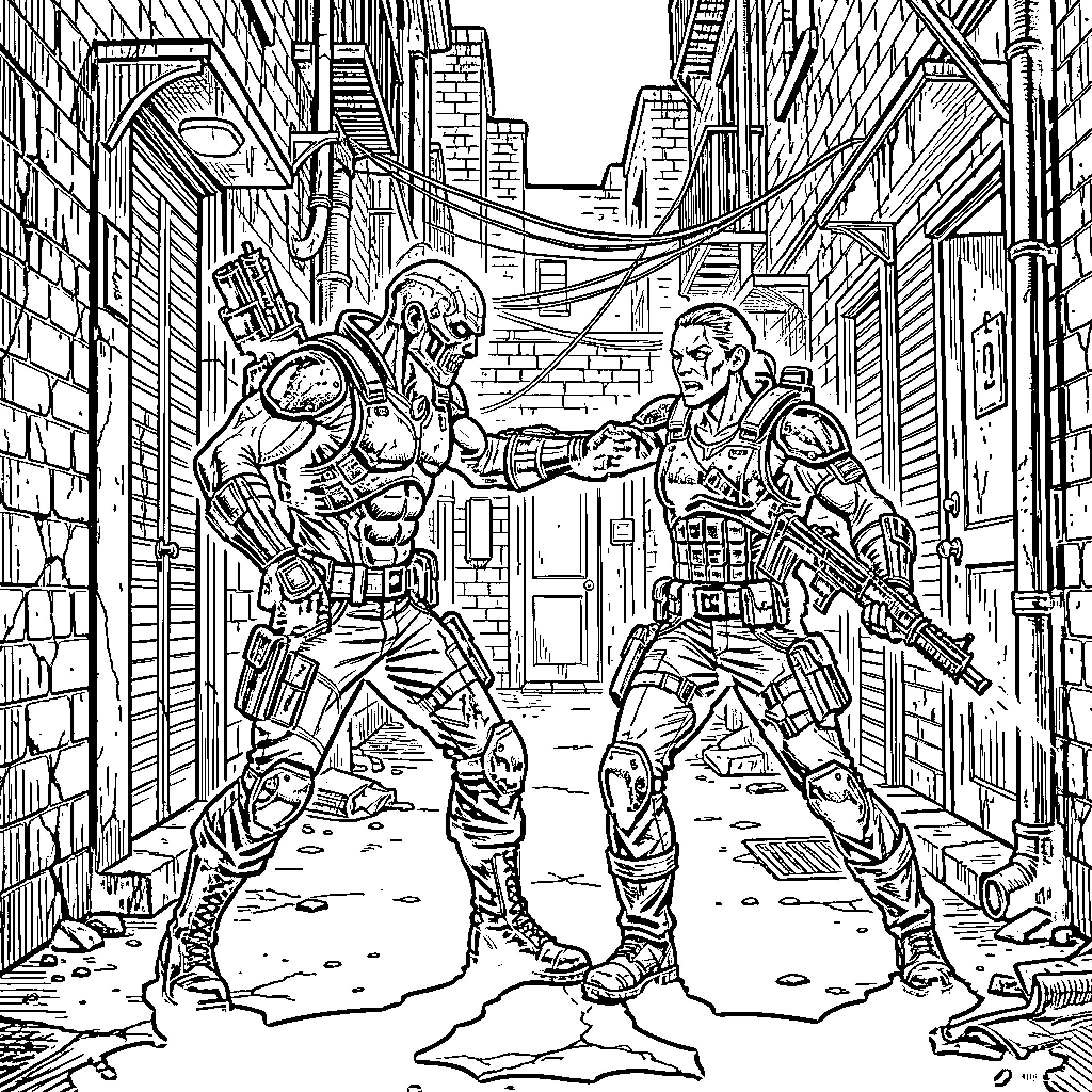 Nemesis: Soldiers clash in urban combat Coloring Page (free black-and-white line drawing printable PDF for all, from beginners to advanced learners, including children, teens, adults, and seniors)