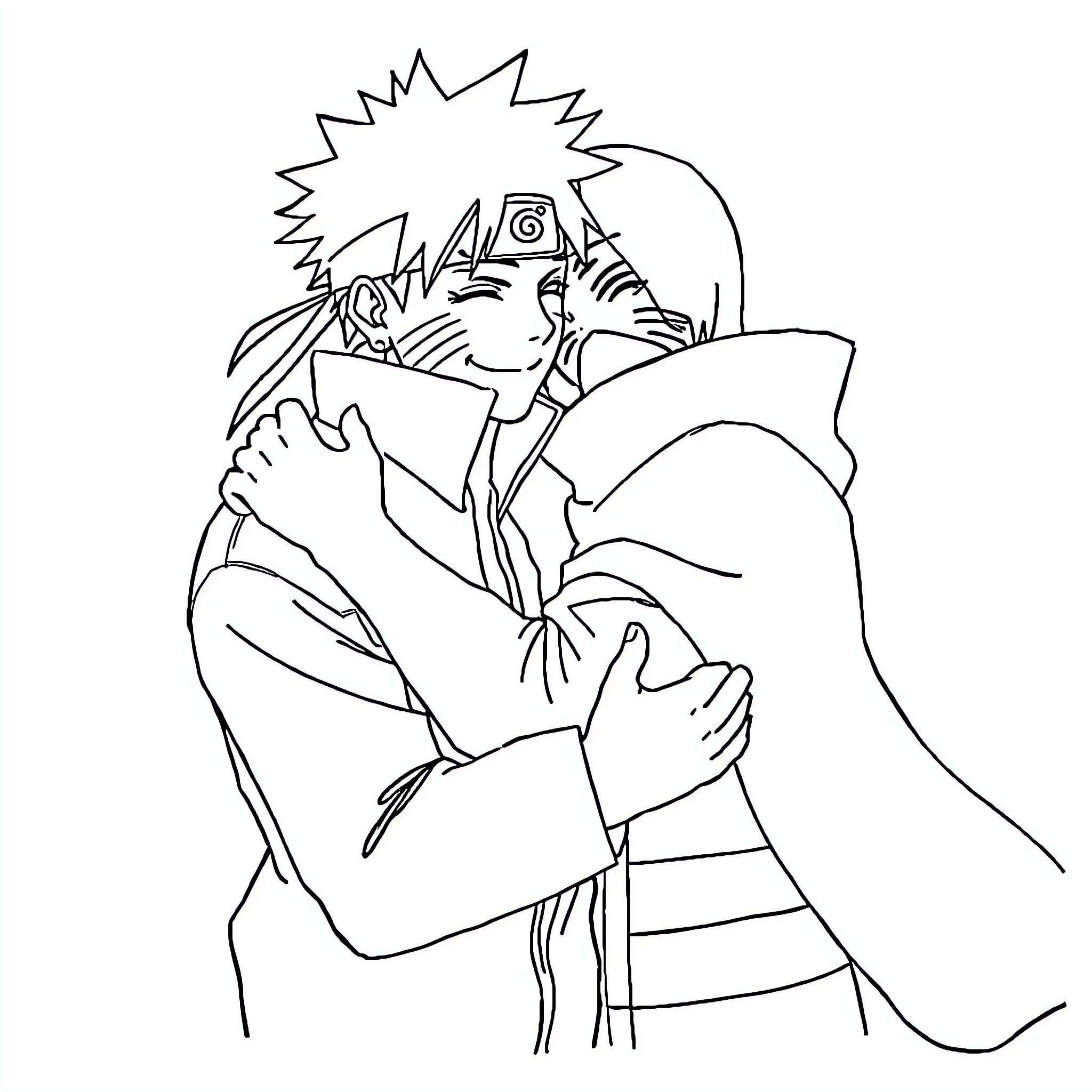 Naruto embracing a comrade in a heartfelt moment Coloring Page (free black-and-white line drawing printable PDF for all, from beginners to advanced learners, including children, teens, adults, and seniors)