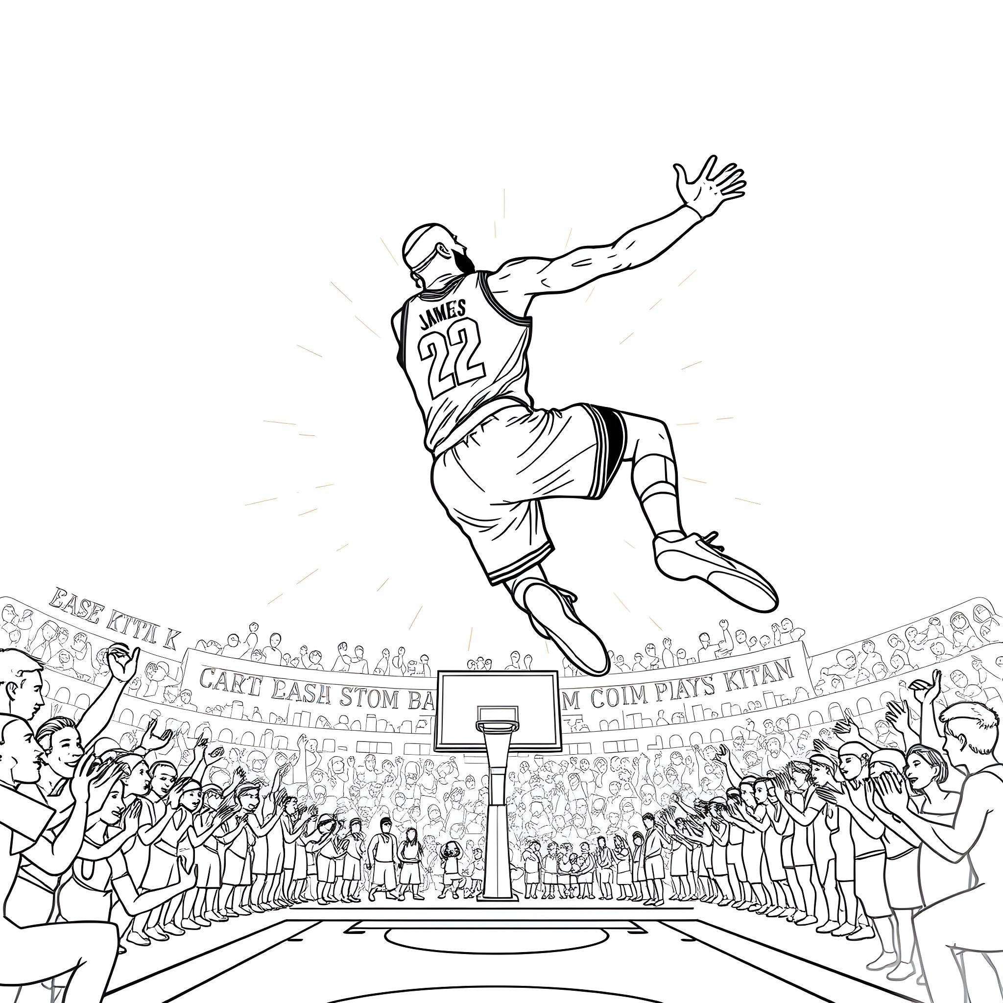 LeBron James jumping high for a slam dunk in a basketball game Coloring Page (free black-and-white line drawing printable PDF for all, from beginners to advanced learners, including children, teens, adults, and seniors)