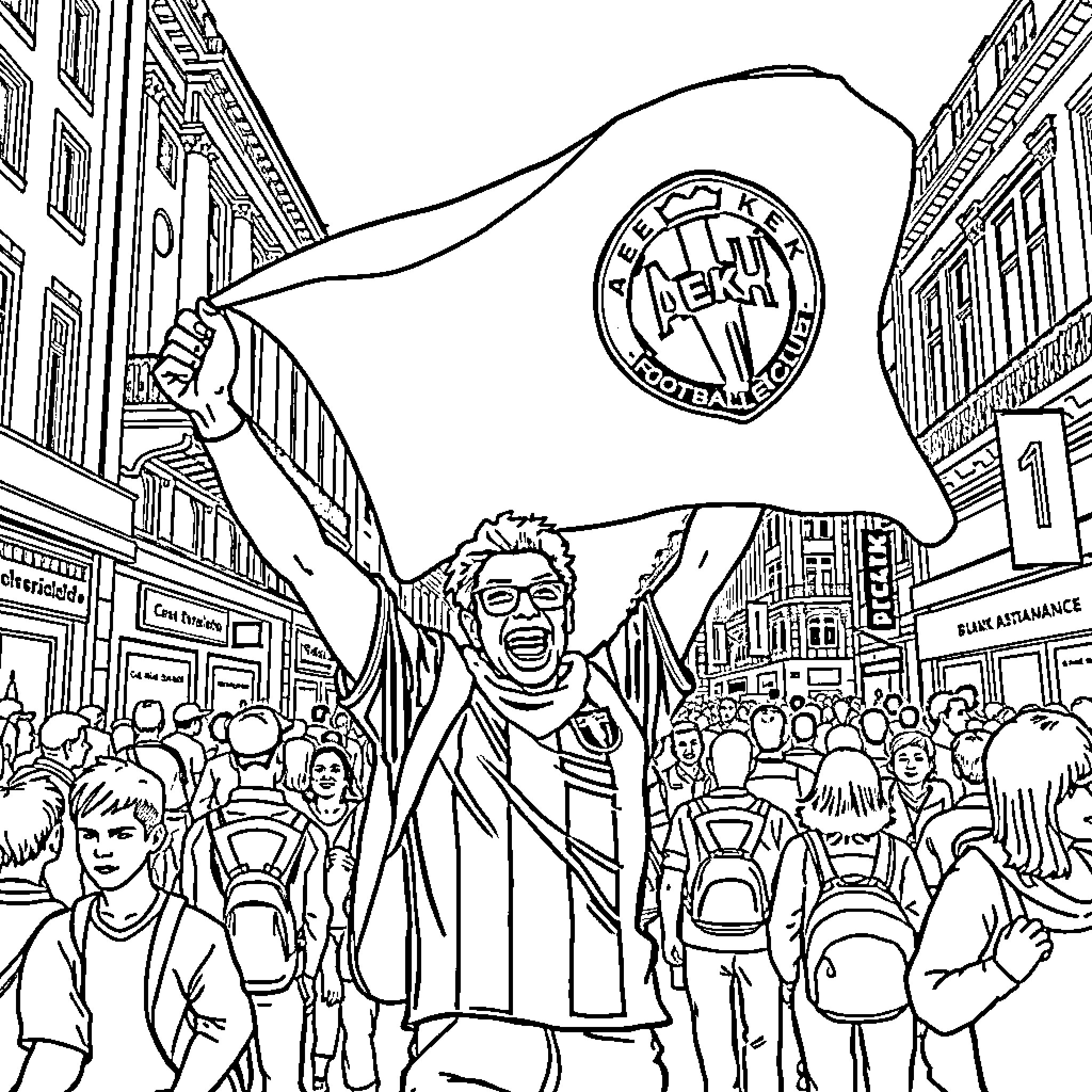 AEK Athens fans celebrate with flag and enthusiasm Coloring Page (free black-and-white line drawing printable PDF for all, from beginners to advanced learners, including children, teens, adults, and seniors)