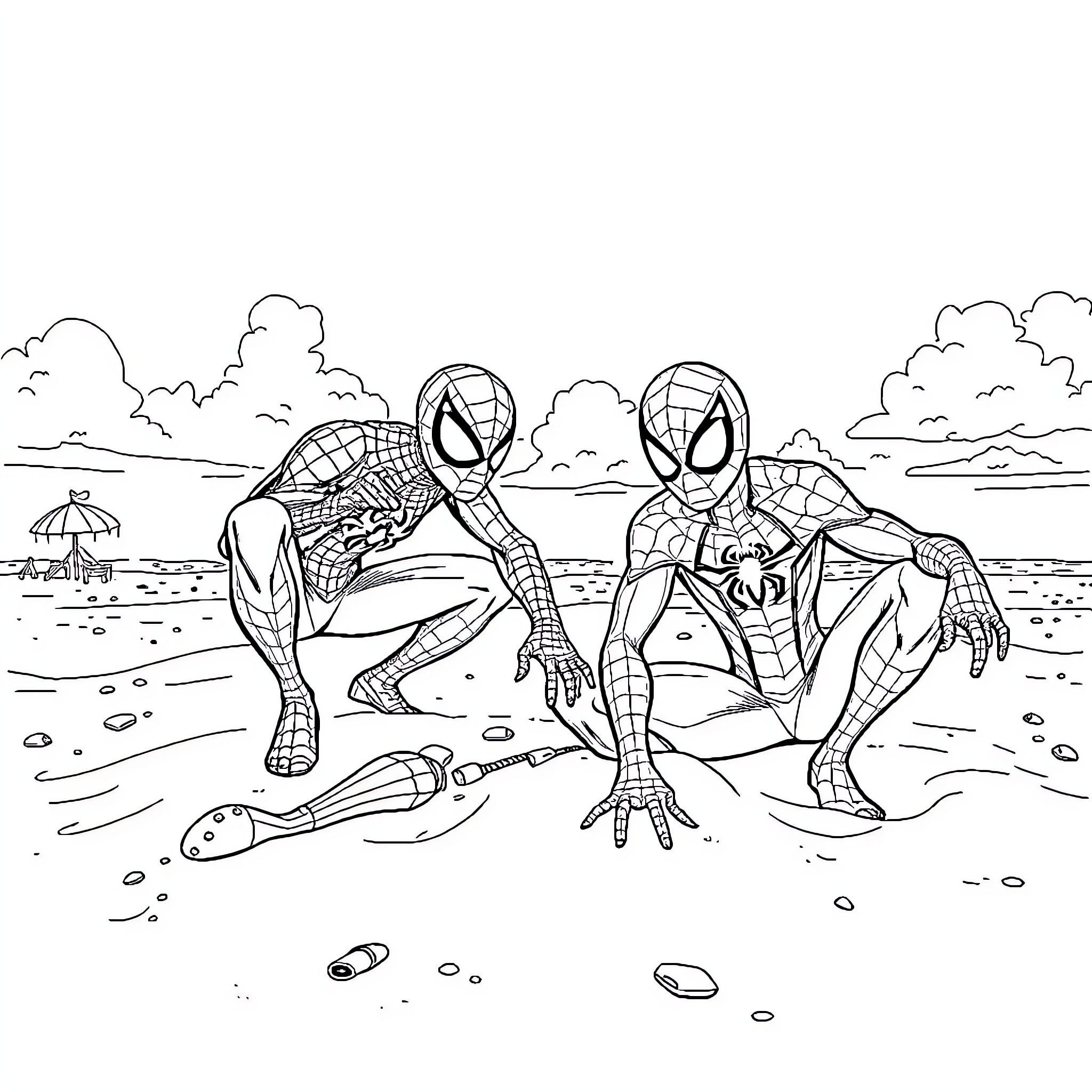 Spiderman heroes on the beach Coloring Page (free black-and-white line drawing printable PDF for all, from beginners to advanced learners, including children, teens, adults, and seniors)