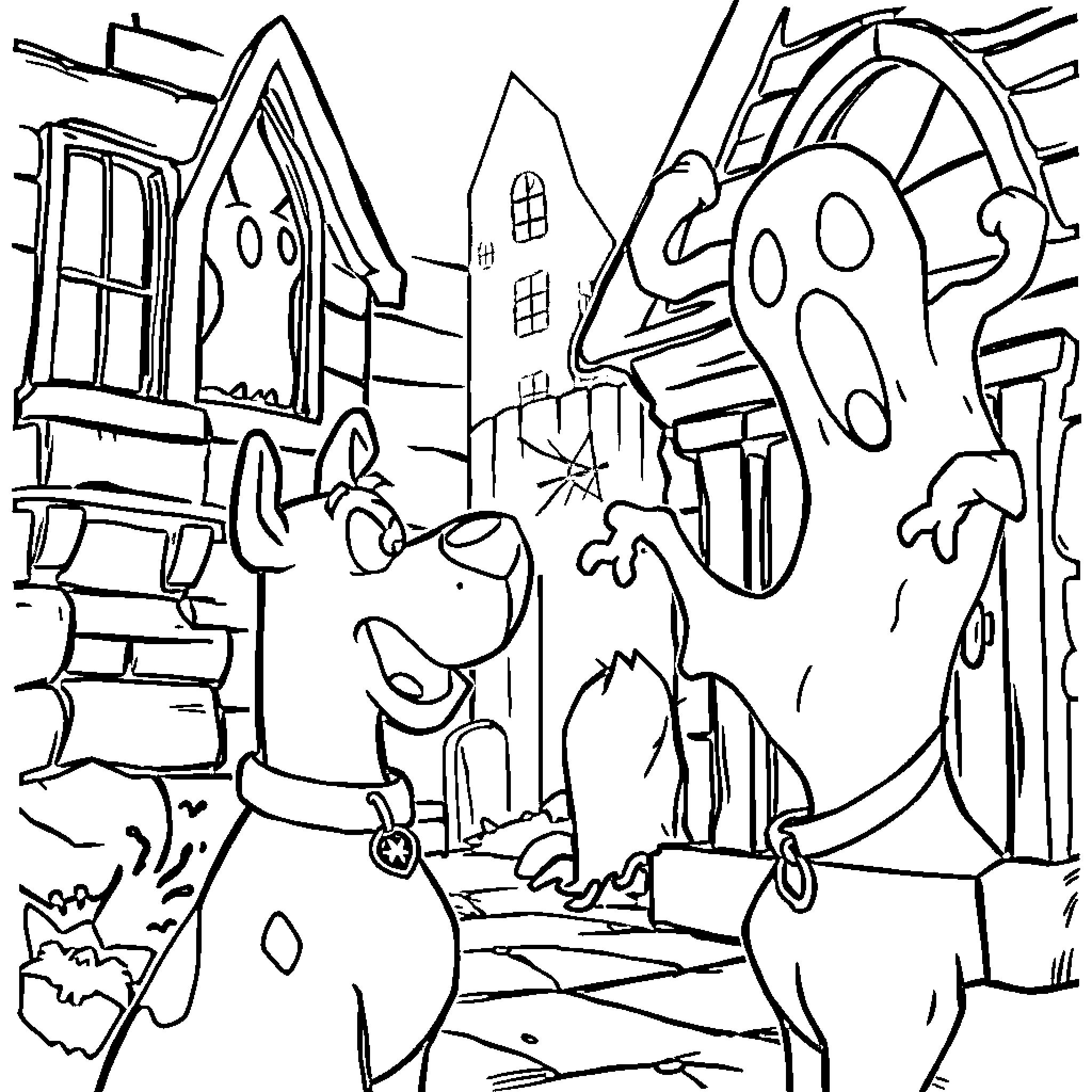 Scooby Doo and Spooky Town Exploration Coloring Page (free black-and-white line drawing printable PDF for all, from beginners to advanced learners, including children, teens, adults, and seniors)