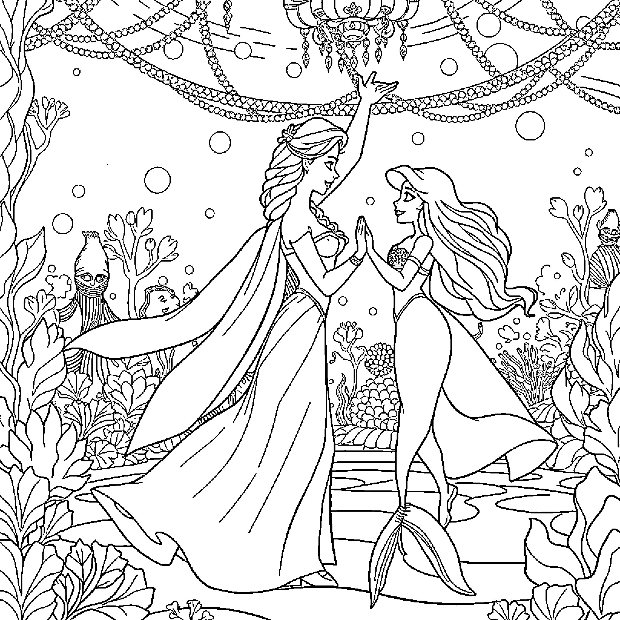 Elsa and Ariel's Enchanting Underwater Adventure Coloring Page (free black-and-white line drawing printable PDF for all, from beginners to advanced learners, including children, teens, adults, and seniors)