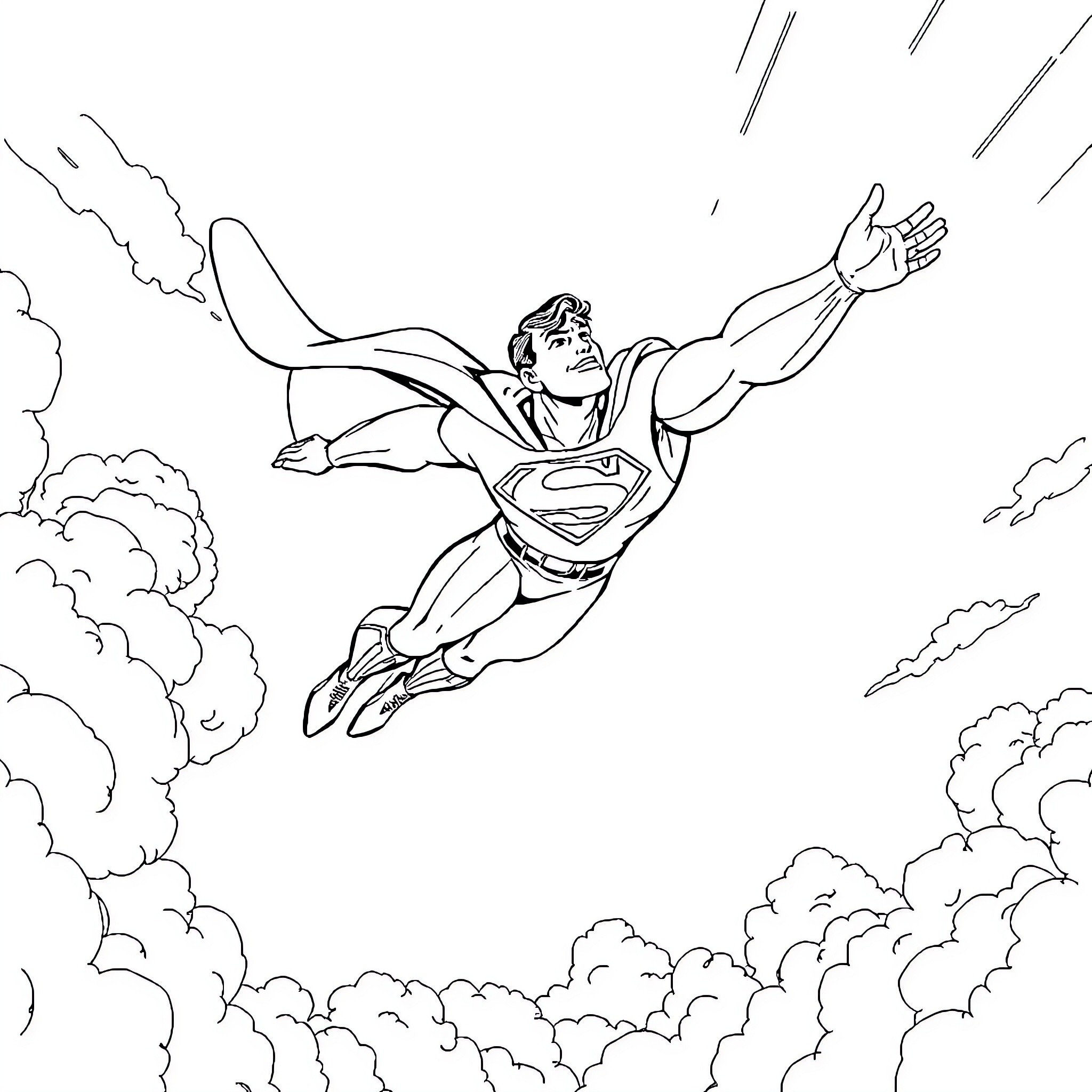 Superman soaring through clouds with outstretched arms Coloring Page (free black-and-white line drawing printable PDF for all, from beginners to advanced learners, including children, teens, adults, and seniors)