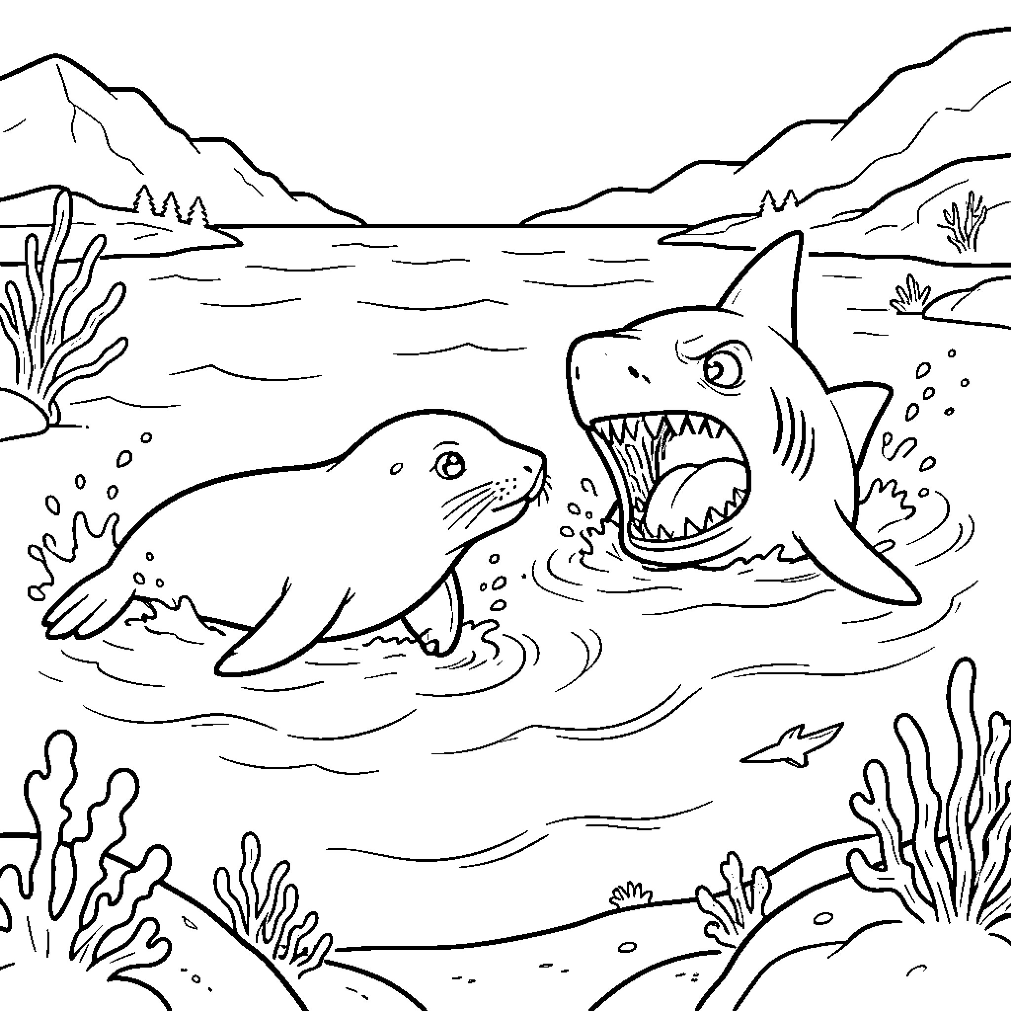Otarie facing a large shark in the ocean Coloring Page (free black-and-white line drawing printable PDF for all, from beginners to advanced learners, including children, teens, adults, and seniors)