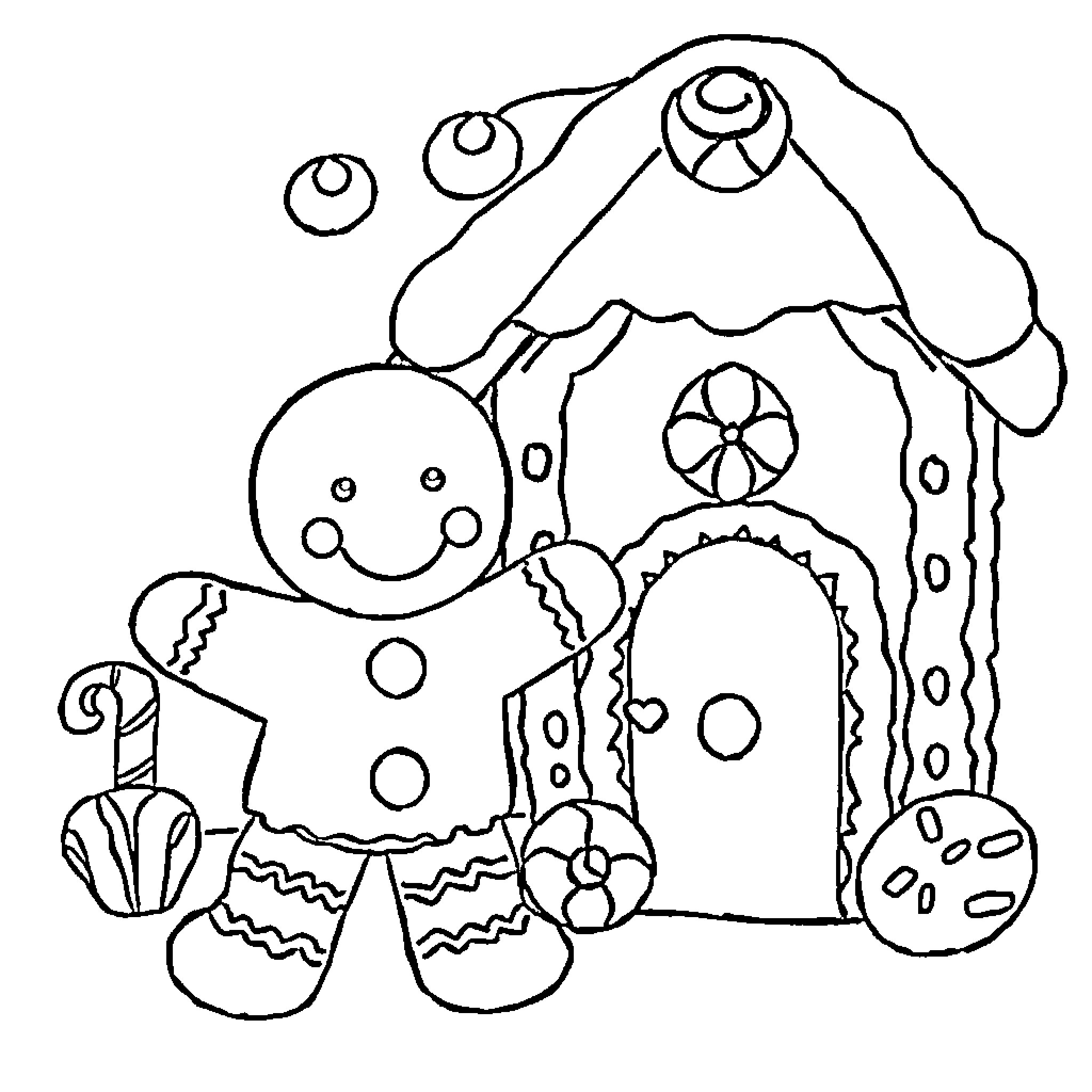 Gingerbread characters in a whimsical house setting Coloring Page (free black-and-white line drawing printable PDF for all, from beginners to advanced learners, including children, teens, adults, and seniors)