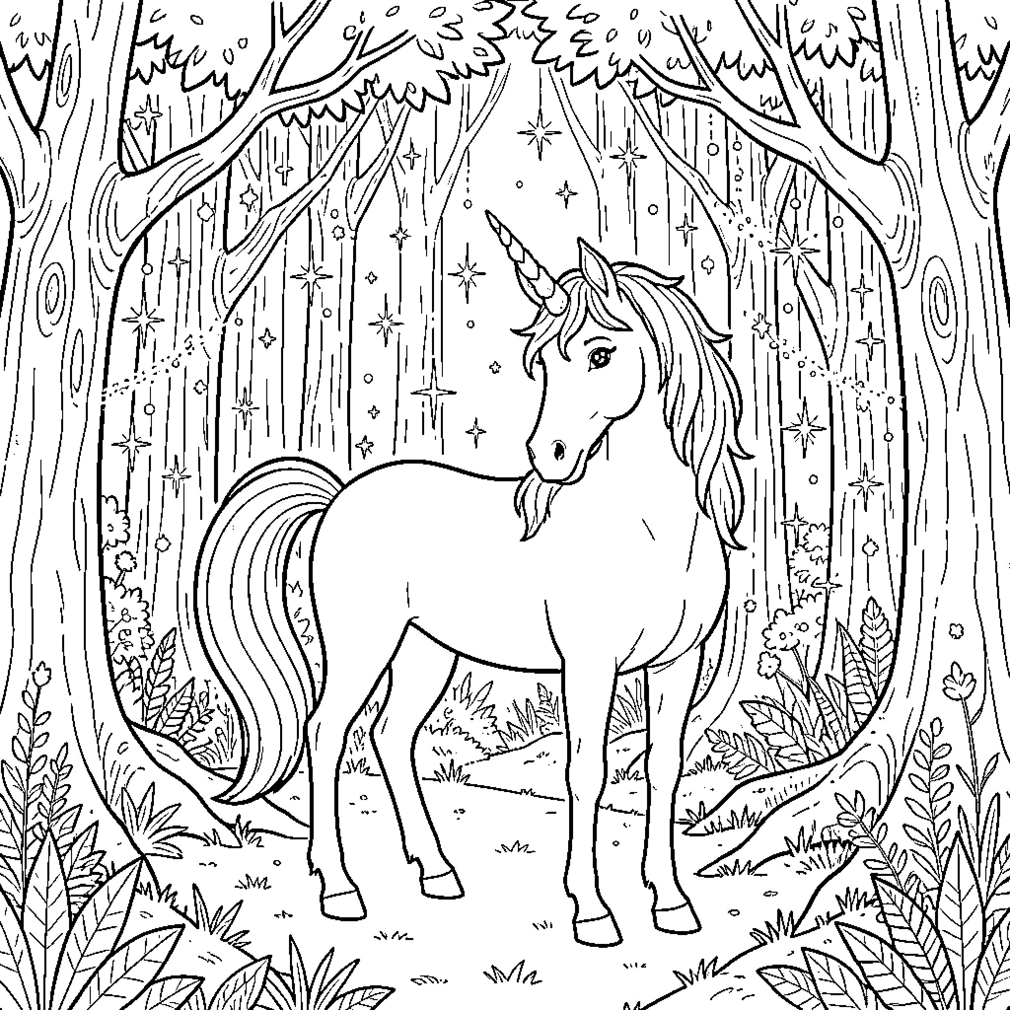 Unicorn standing peacefully in a magical forest Coloring Page (free black-and-white line drawing printable PDF for all, from beginners to advanced learners, including children, teens, adults, and seniors)