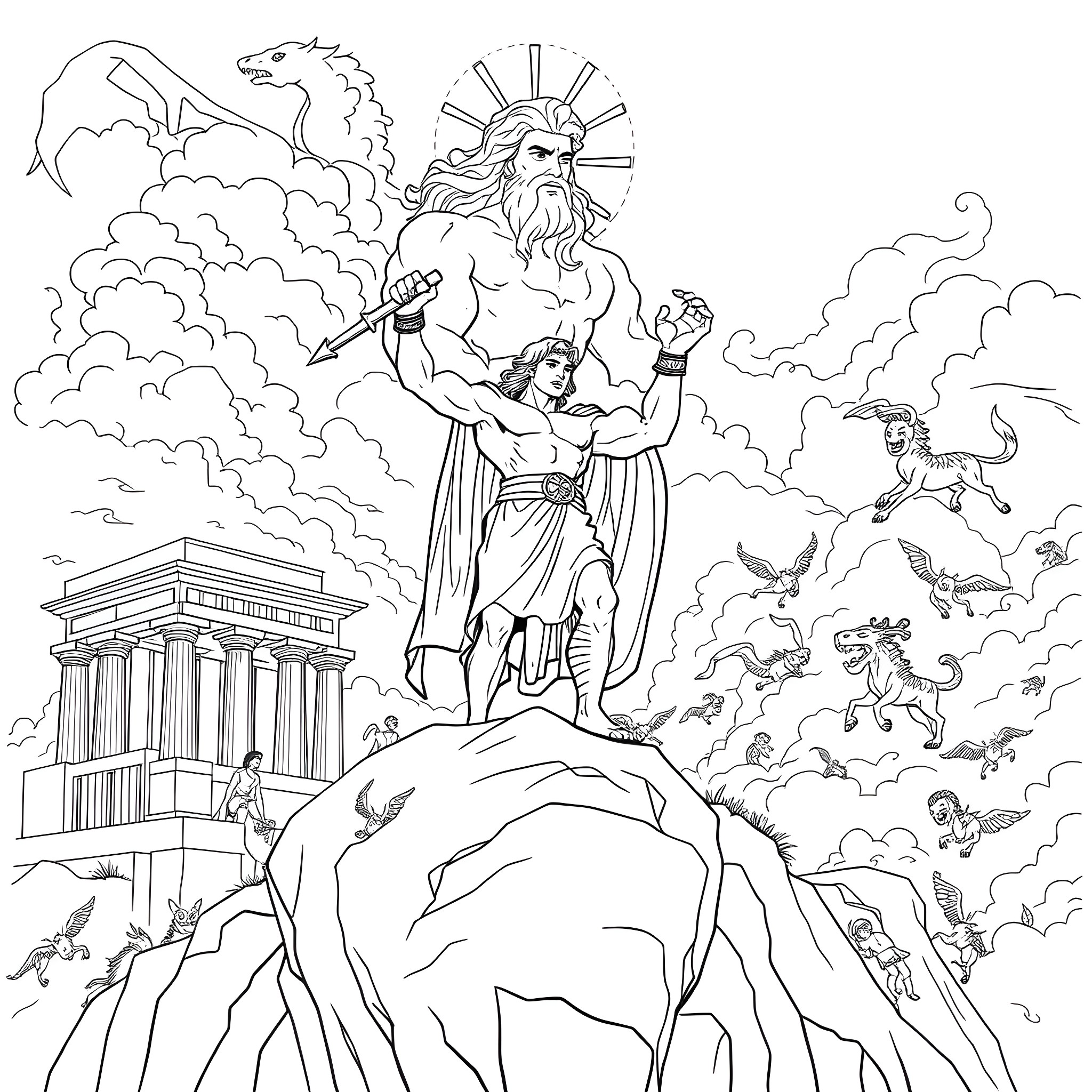 Hercules Battling Mythical Creatures in the Clouds Coloring Page (free black-and-white line drawing printable PDF for all, from beginners to advanced learners, including children, teens, adults, and seniors)
