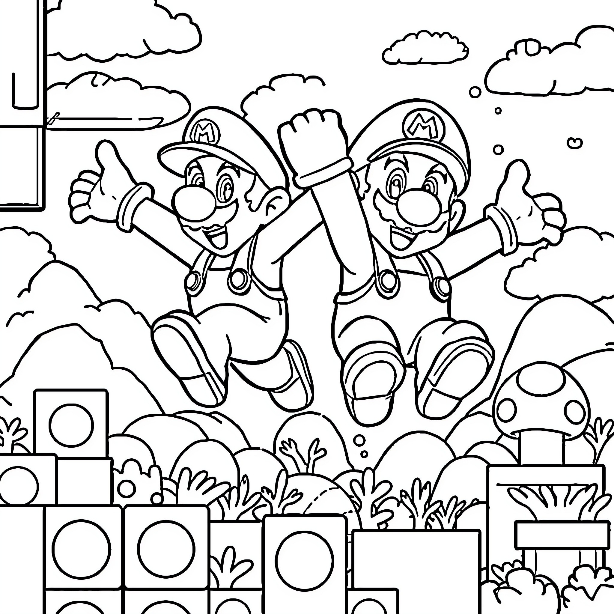 Mario Brothers Jumping Triumphantly Over Obstacles Coloring Page (free black-and-white line drawing printable PDF for all, from beginners to advanced learners, including children, teens, adults, and seniors)