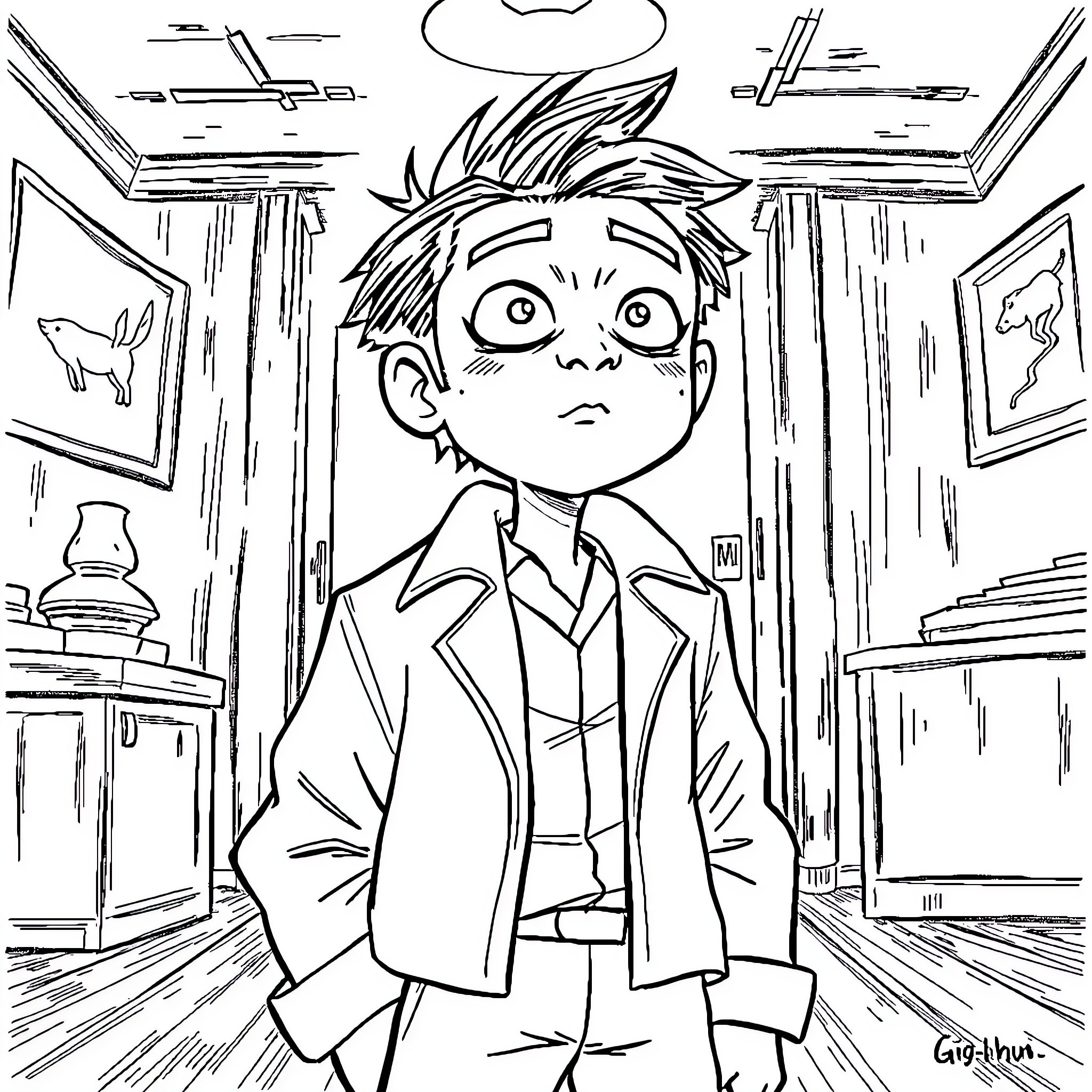 Gi hun's puzzled expression in the mysterious room Coloring Page (free black-and-white line drawing printable PDF for all, from beginners to advanced learners, including children, teens, adults, and seniors)