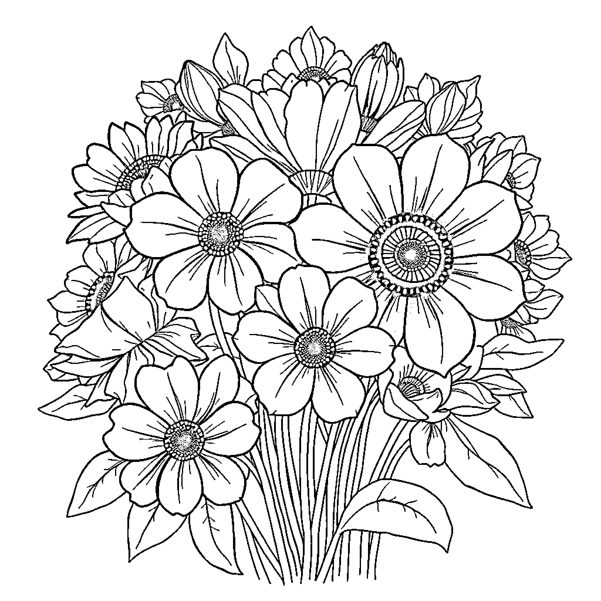 Flower Bouquet with Blooming Flowers Coloring Page (free black-and-white line drawing printable PDF for all, from beginners to advanced learners, including children, teens, adults, and seniors)