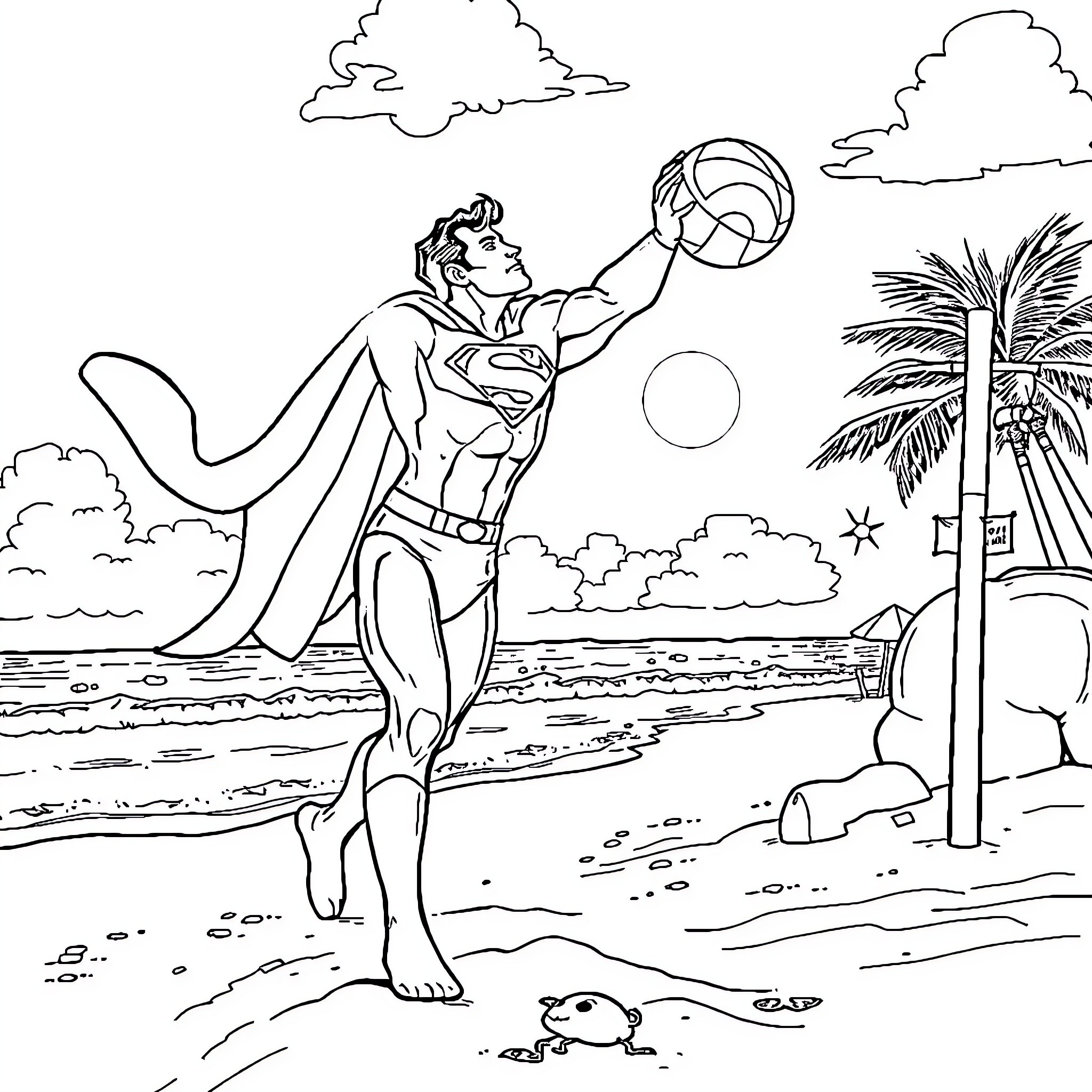 Superman playing volleyball on the beach Coloring Page (free black-and-white line drawing printable PDF for all, from beginners to advanced learners, including children, teens, adults, and seniors)