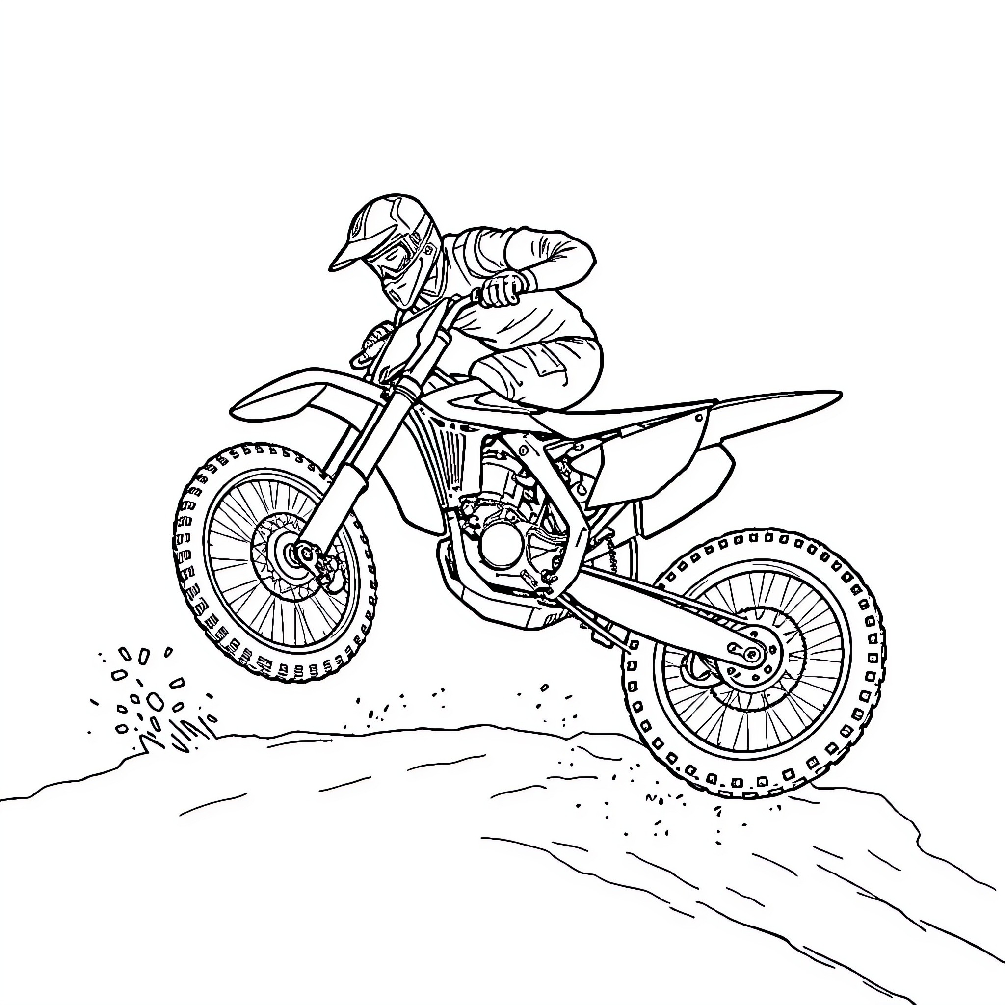 Dirt Bike Rider Jumping Over Obstacle Coloring Page (free black-and-white line drawing printable PDF for all, from beginners to advanced learners, including children, teens, adults, and seniors)