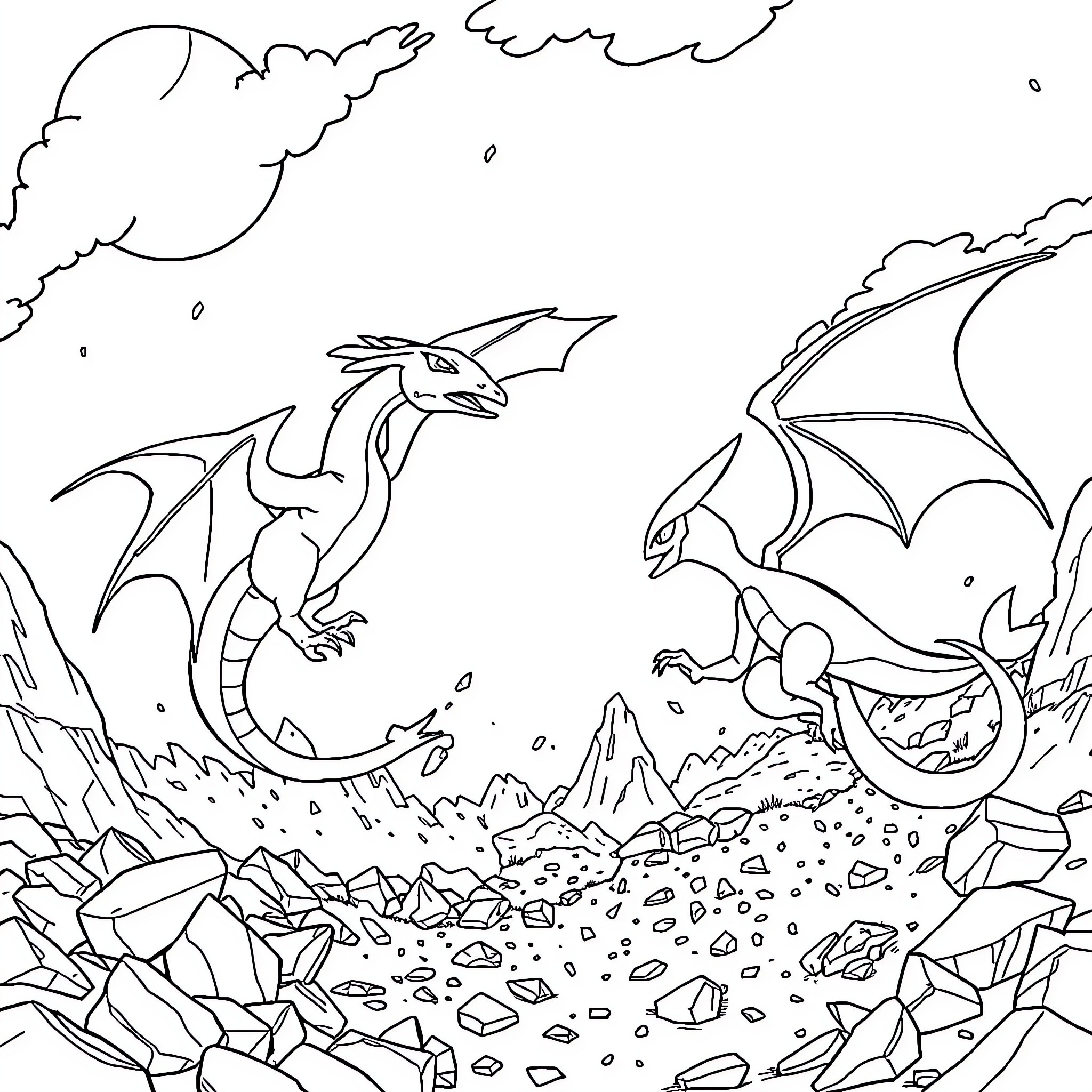 Dracofeu dragons soaring over a rocky landscape Coloring Page (free black-and-white line drawing printable PDF for all, from beginners to advanced learners, including children, teens, adults, and seniors)