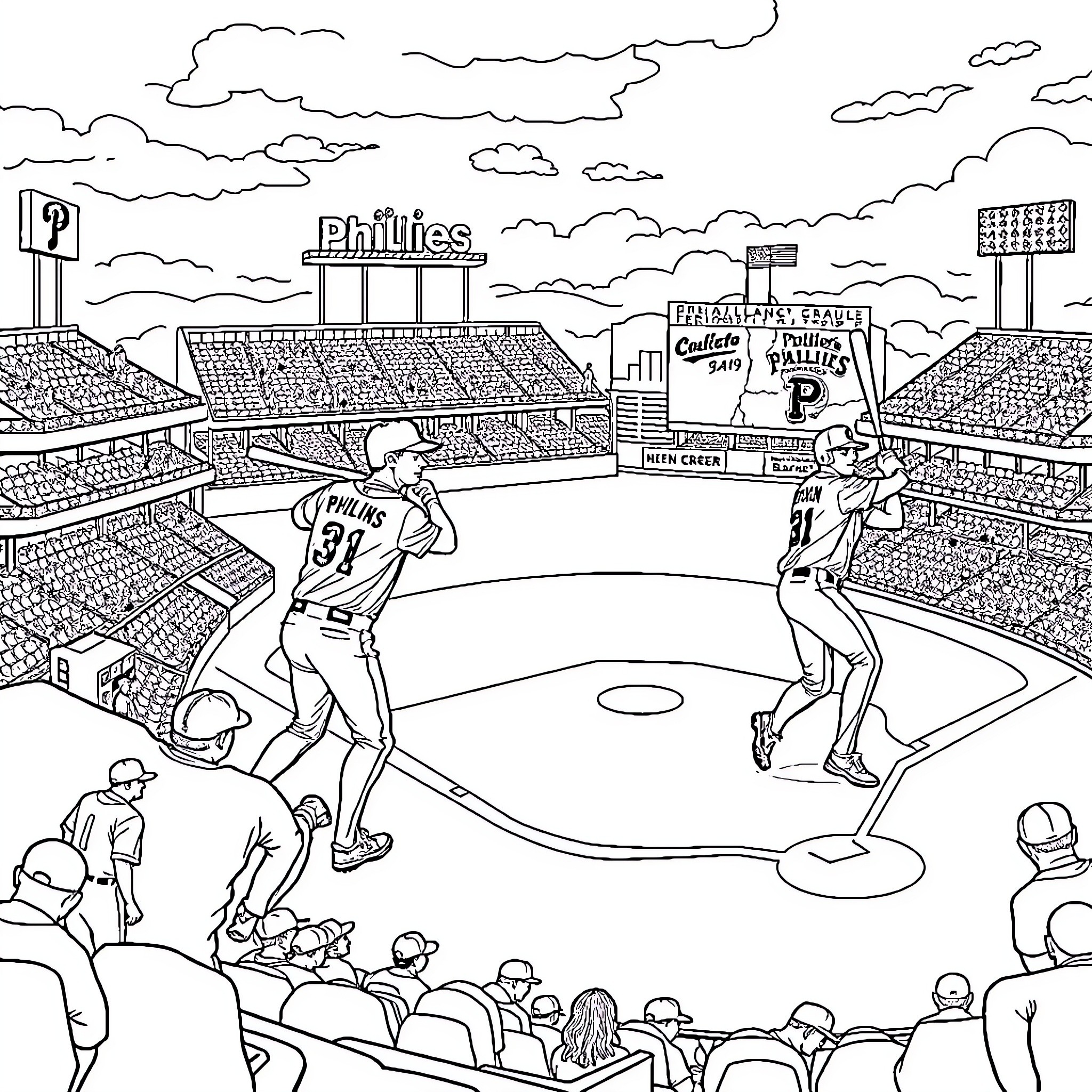 Phillies Players in Action on the Baseball Field Coloring Page (free black-and-white line drawing printable PDF for all, from beginners to advanced learners, including children, teens, adults, and seniors)