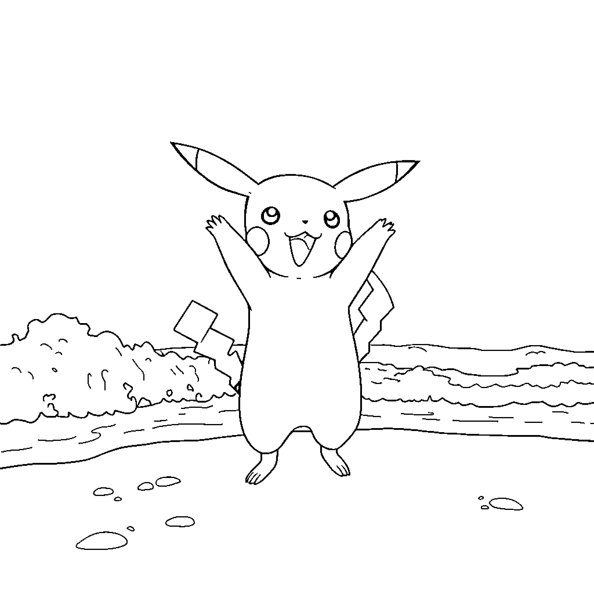 Pikachu enjoying the outdoors Coloring Page (free black-and-white line drawing printable PDF for all, from beginners to advanced learners, including children, teens, adults, and seniors)