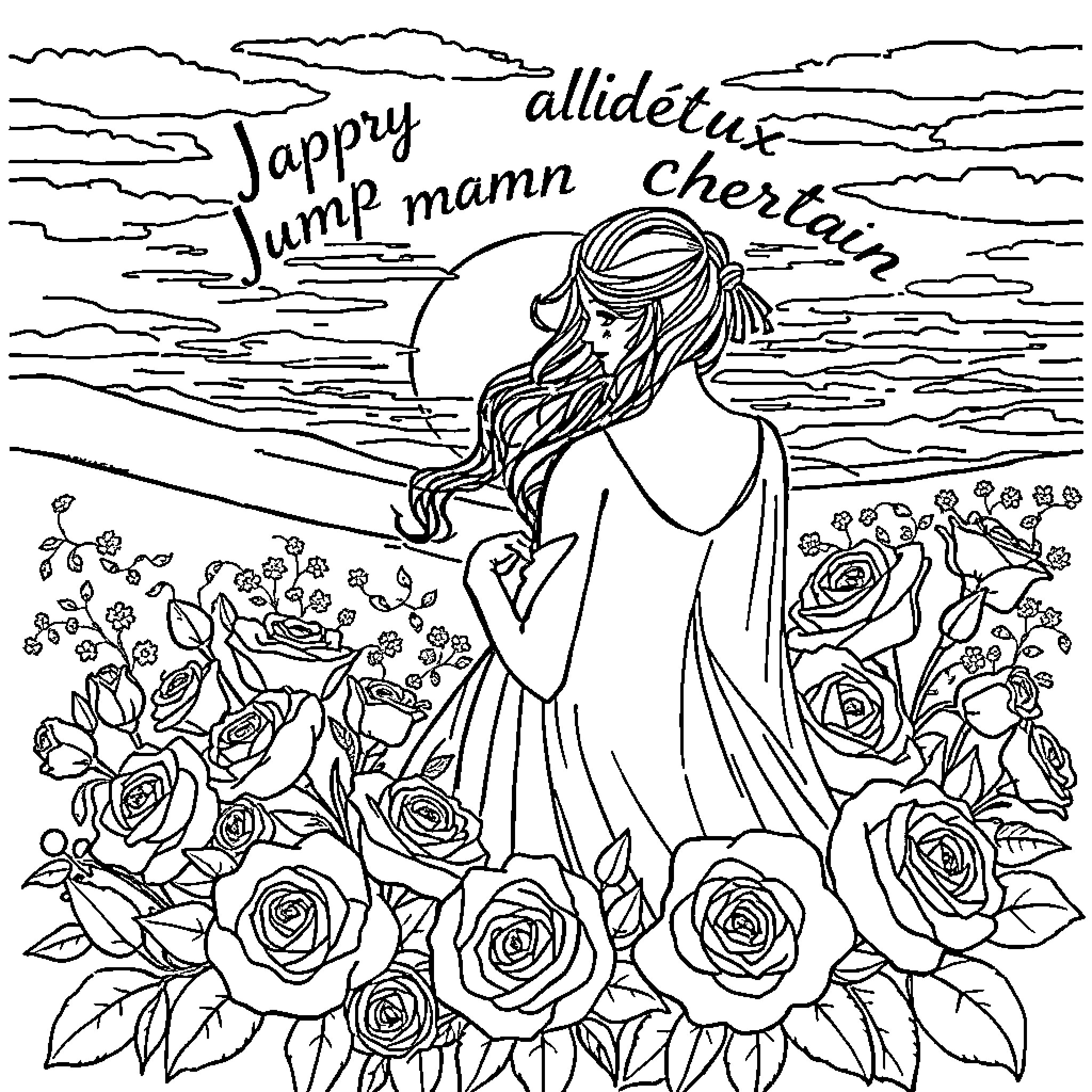 Rose Woman in Flower Garden at Sunset Coloring Page (free black-and-white line drawing printable PDF for all, from beginners to advanced learners, including children, teens, adults, and seniors)