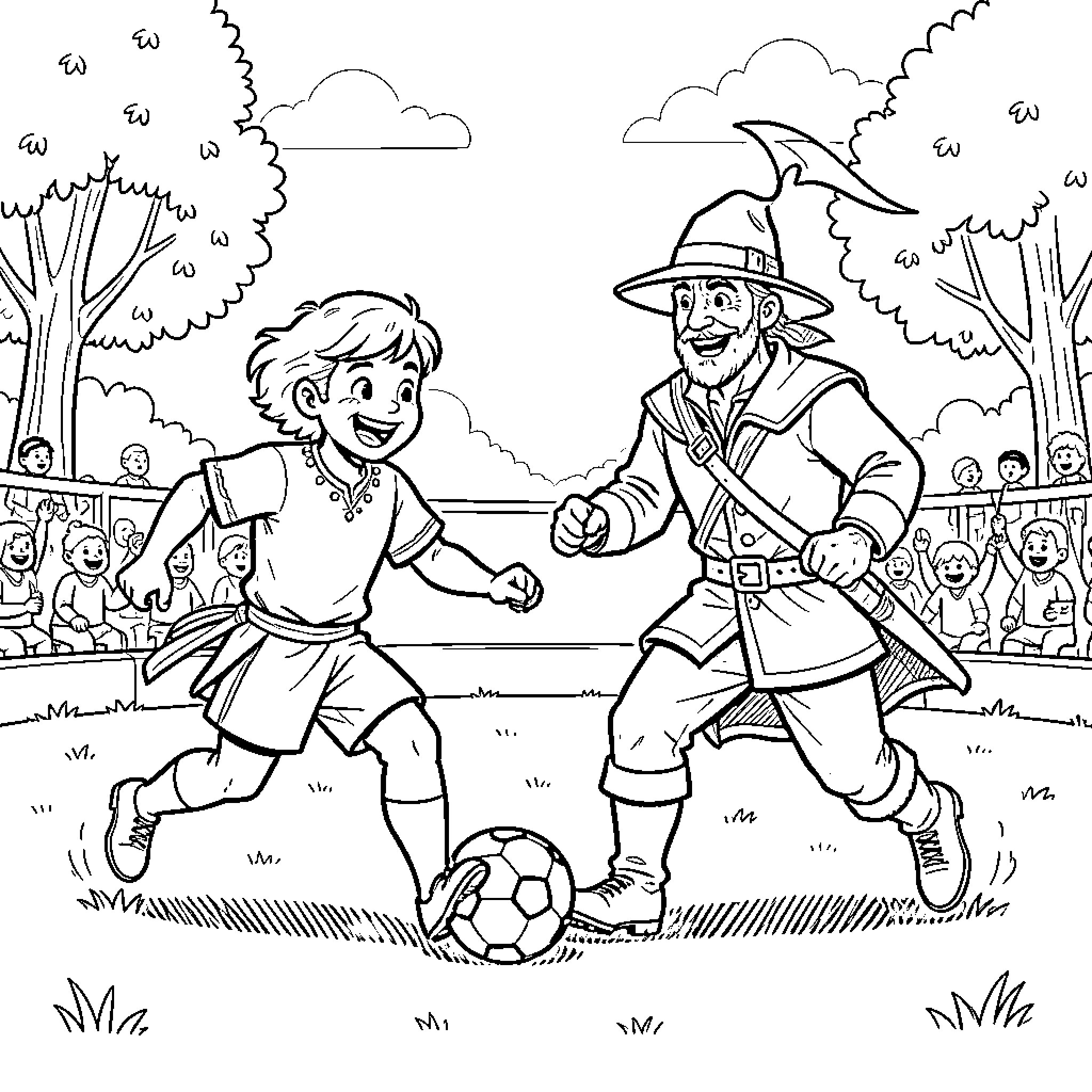 Chase involving a boy playing soccer with an old man Coloring Page (free black-and-white line drawing printable PDF for all, from beginners to advanced learners, including children, teens, adults, and seniors)