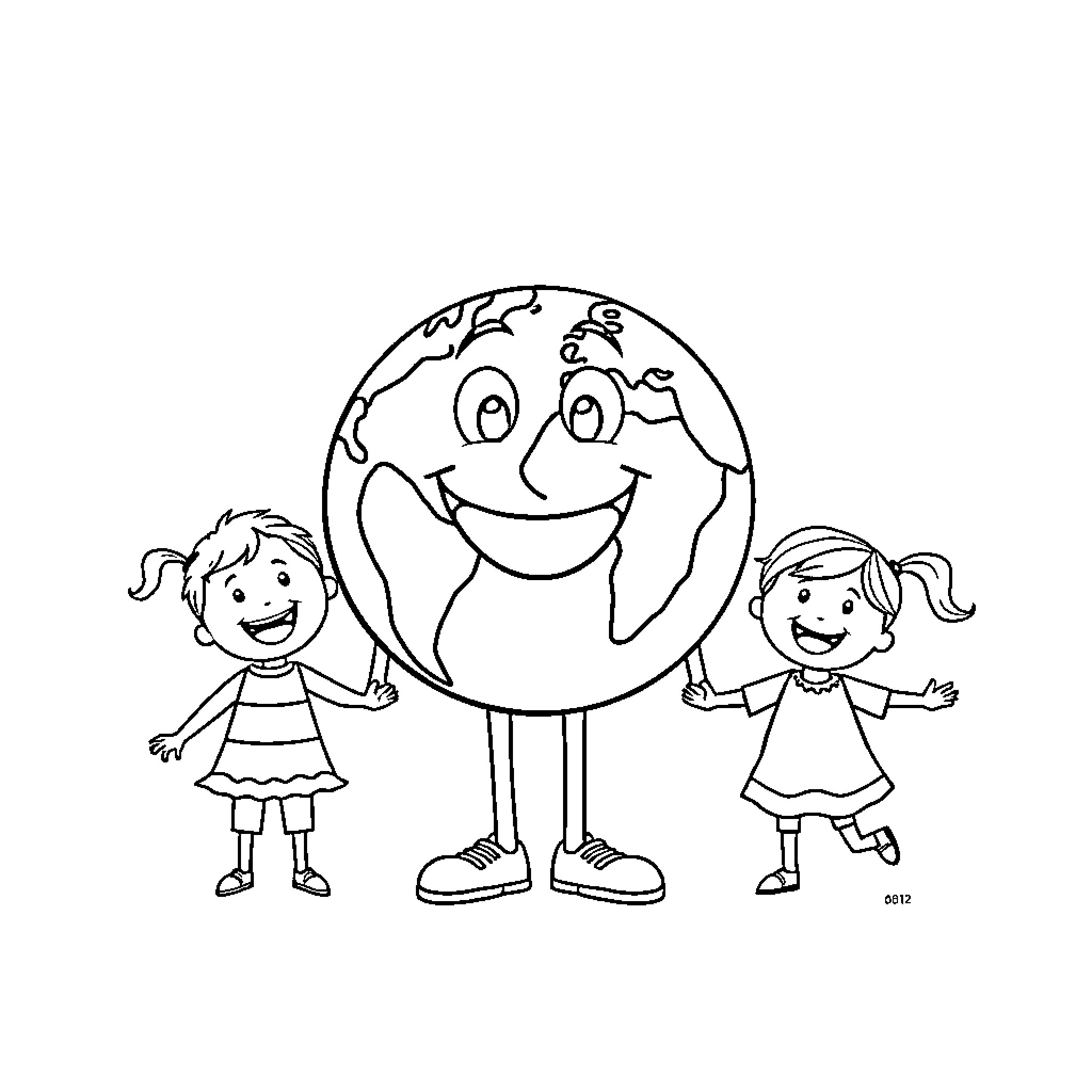 Earth embracing happy children with open arms Coloring Page (free black-and-white line drawing printable PDF for all, from beginners to advanced learners, including children, teens, adults, and seniors)