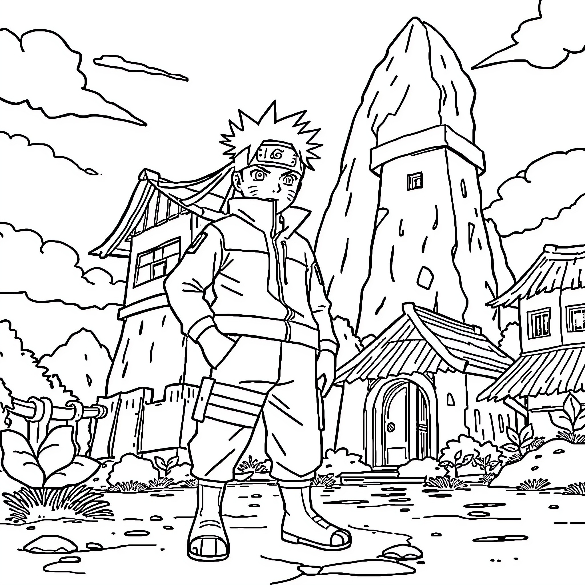 Naruto in a Ninja Village Surrounded by Mountains Coloring Page (free black-and-white line drawing printable PDF for all, from beginners to advanced learners, including children, teens, adults, and seniors)