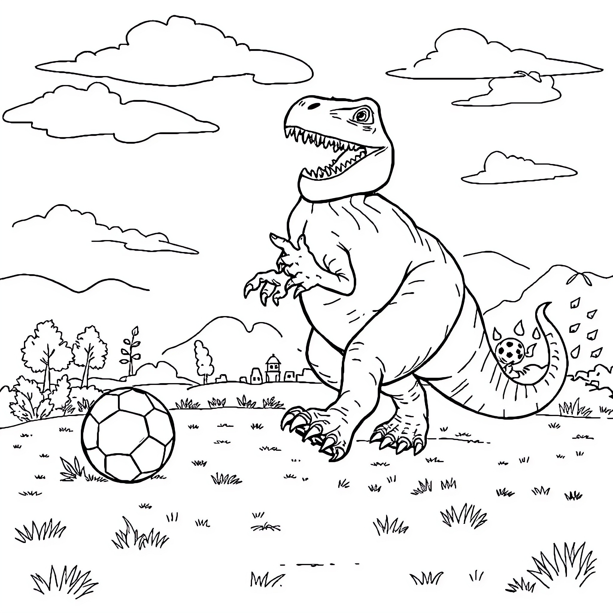 Dinosaur Playing with Soccer Ball in the Park Coloring Page (free black-and-white line drawing printable PDF for all, from beginners to advanced learners, including children, teens, adults, and seniors)
