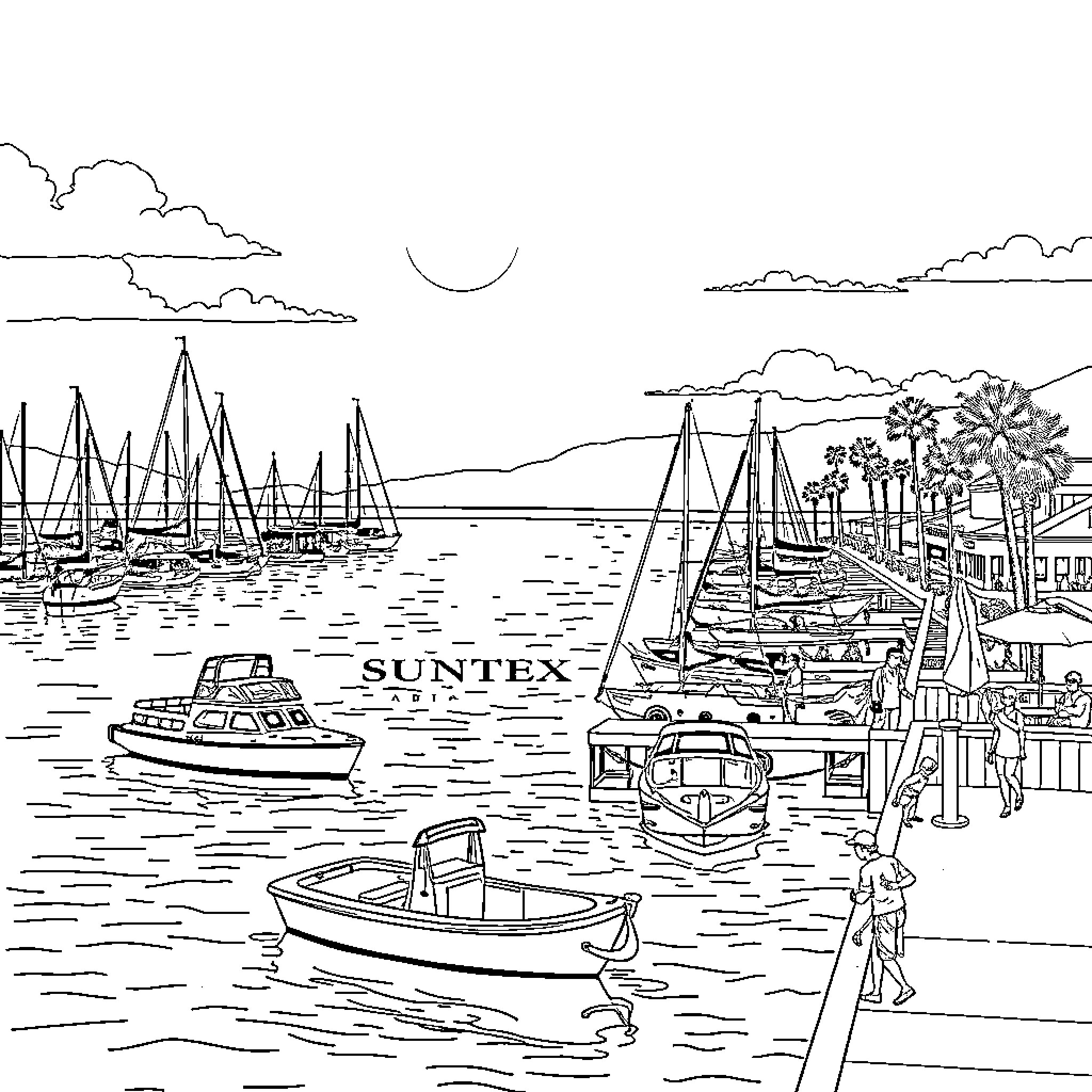 Marina with boats, beach, and sunset scenery Coloring Page (free black-and-white line drawing printable PDF for all, from beginners to advanced learners, including children, teens, adults, and seniors)