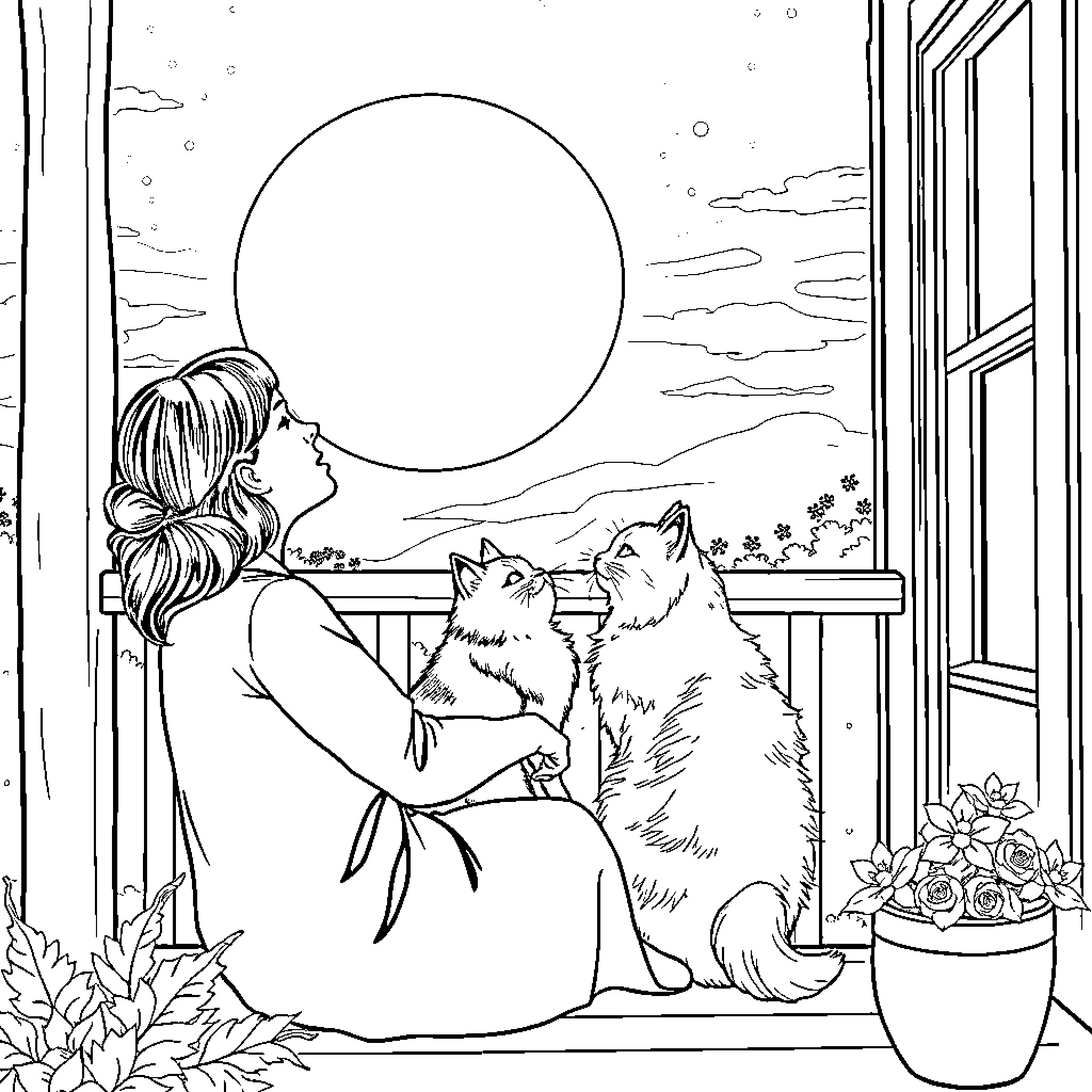 Woman enjoying peaceful moment with cats by moonlight Coloring Page (free black-and-white line drawing printable PDF for all, from beginners to advanced learners, including children, teens, adults, and seniors)