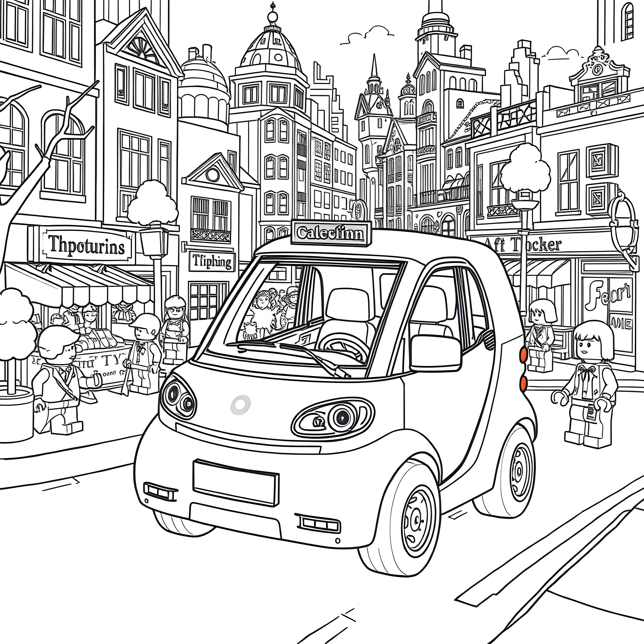 Smart 451 Compact Electric Car in Bustling City Coloring Page (free black-and-white line drawing printable PDF for all, from beginners to advanced learners, including children, teens, adults, and seniors)